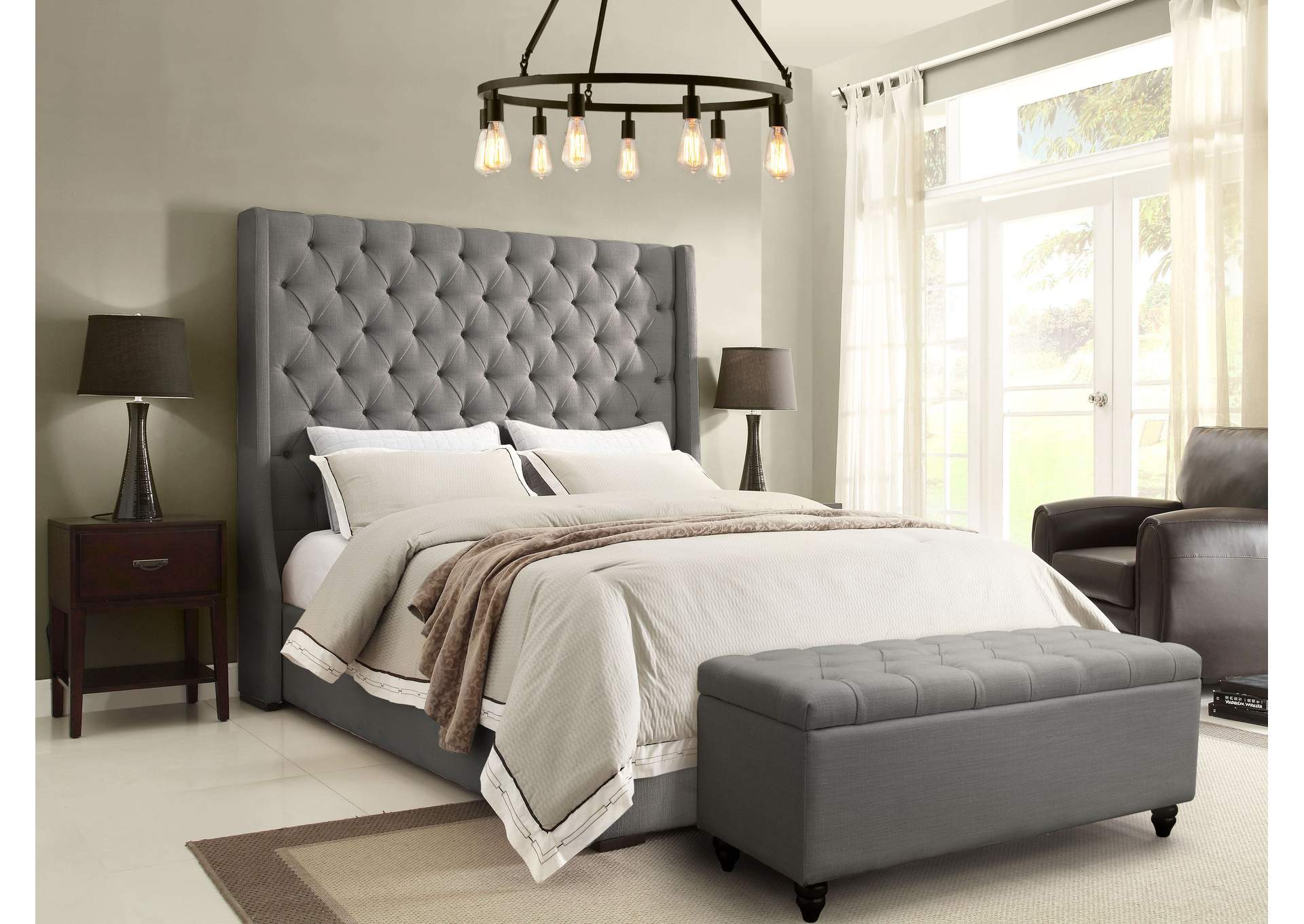 Park Avenue Eastern King Tufted Bed With Vintage Wing In Grey Linen image 15