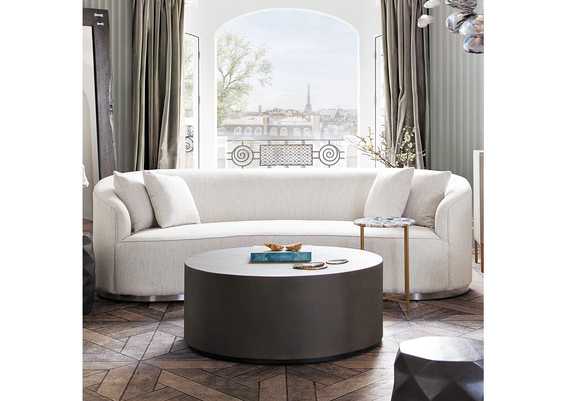Raven Sofa In Light Cream Fabric W/ Brushed Silver Accent Trim image 3