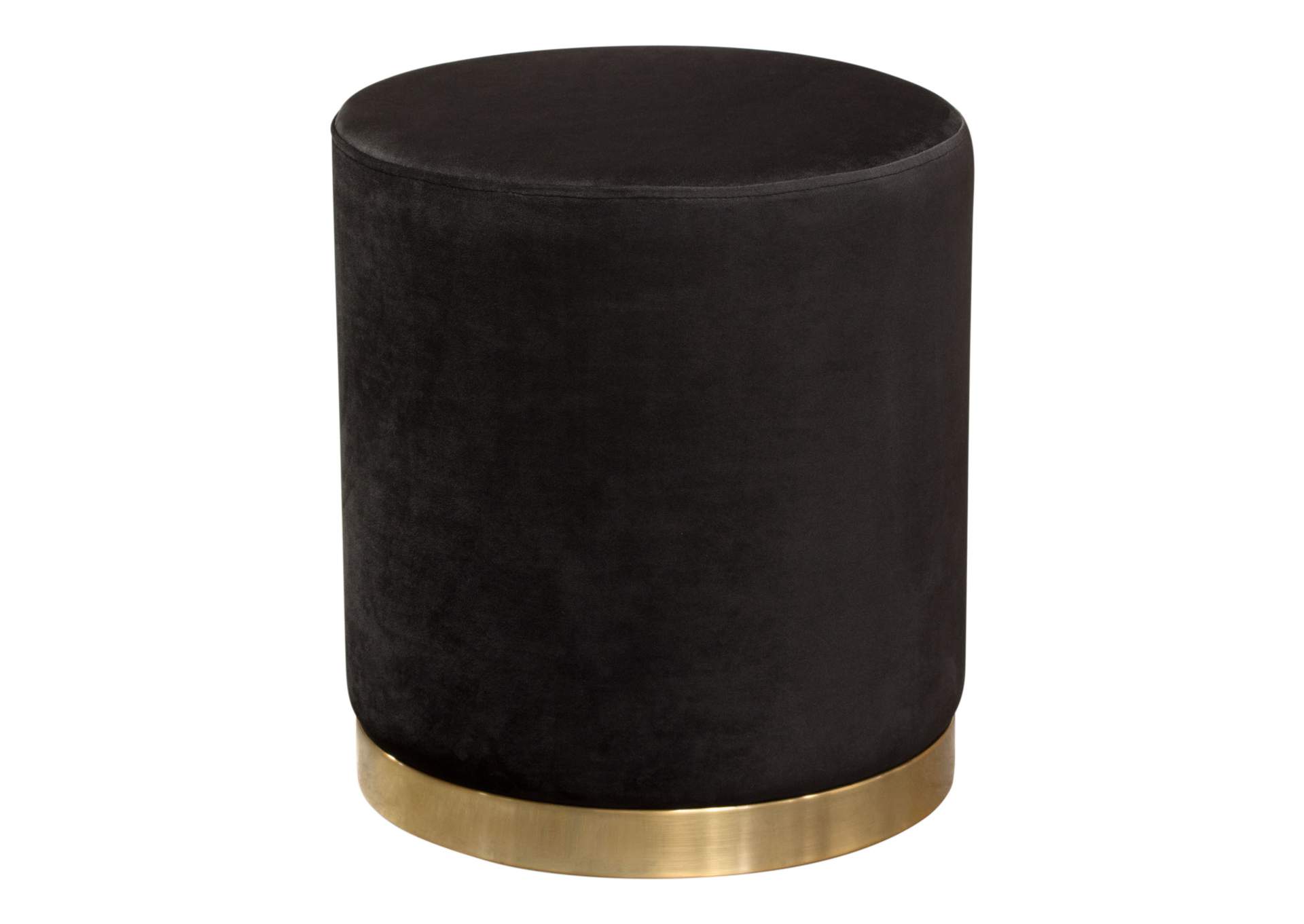 Sorbet Round Accent Ottoman In Black Velvet W/ Gold Metal Band Accent