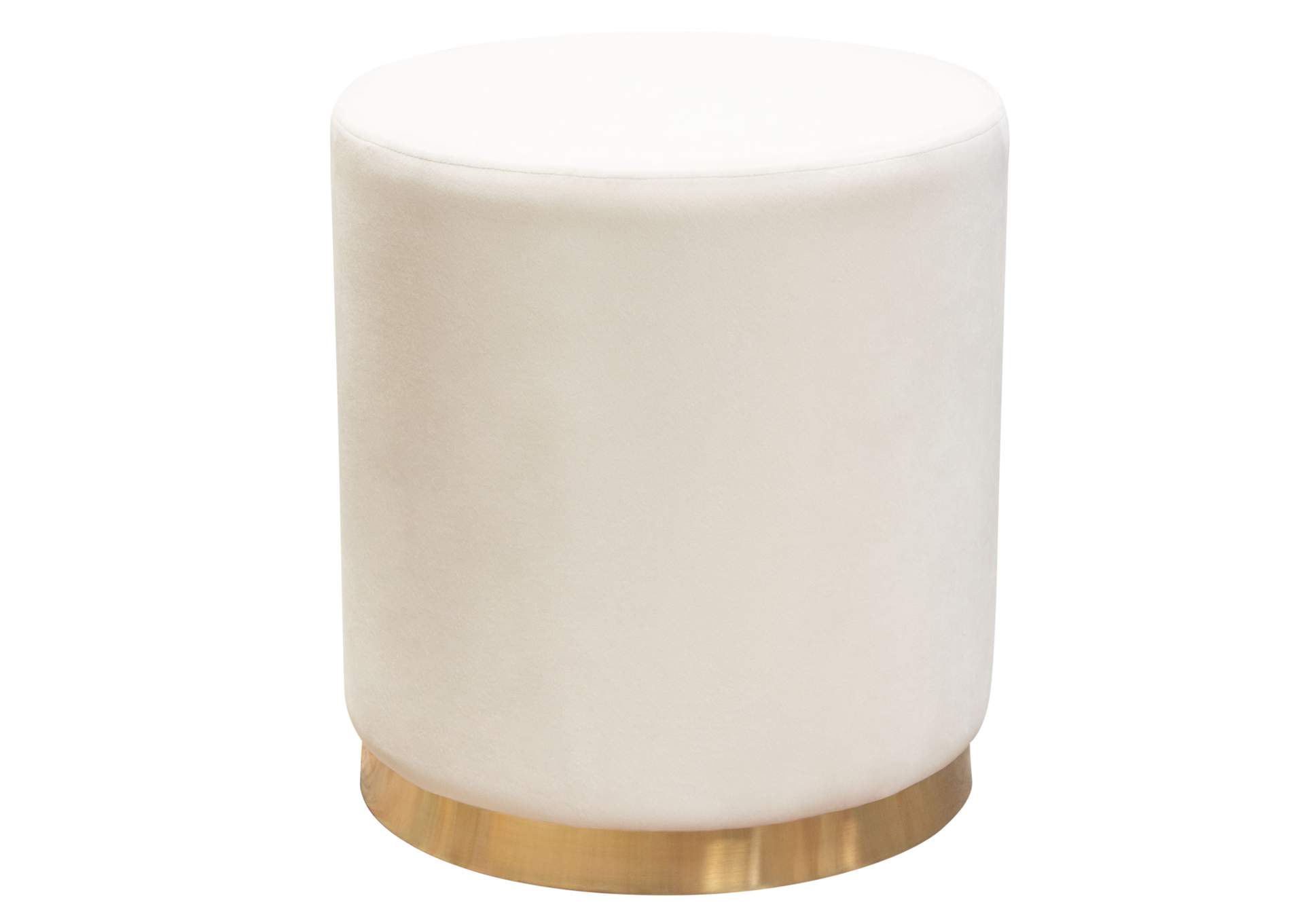 Sorbet Round Accent Ottoman In Cream Velvet W/ Gold Metal Band Accent