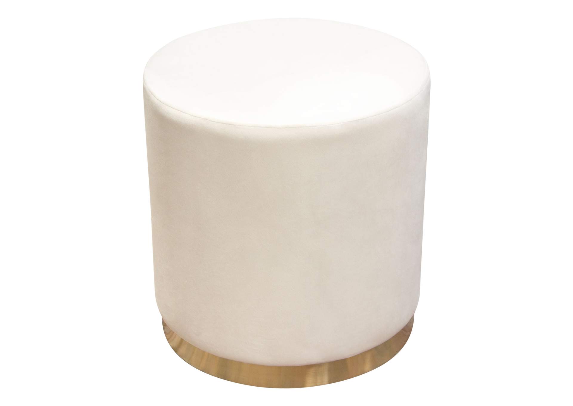 Sorbet Round Accent Ottoman In Cream Velvet W/ Gold Metal Band Accent image 3