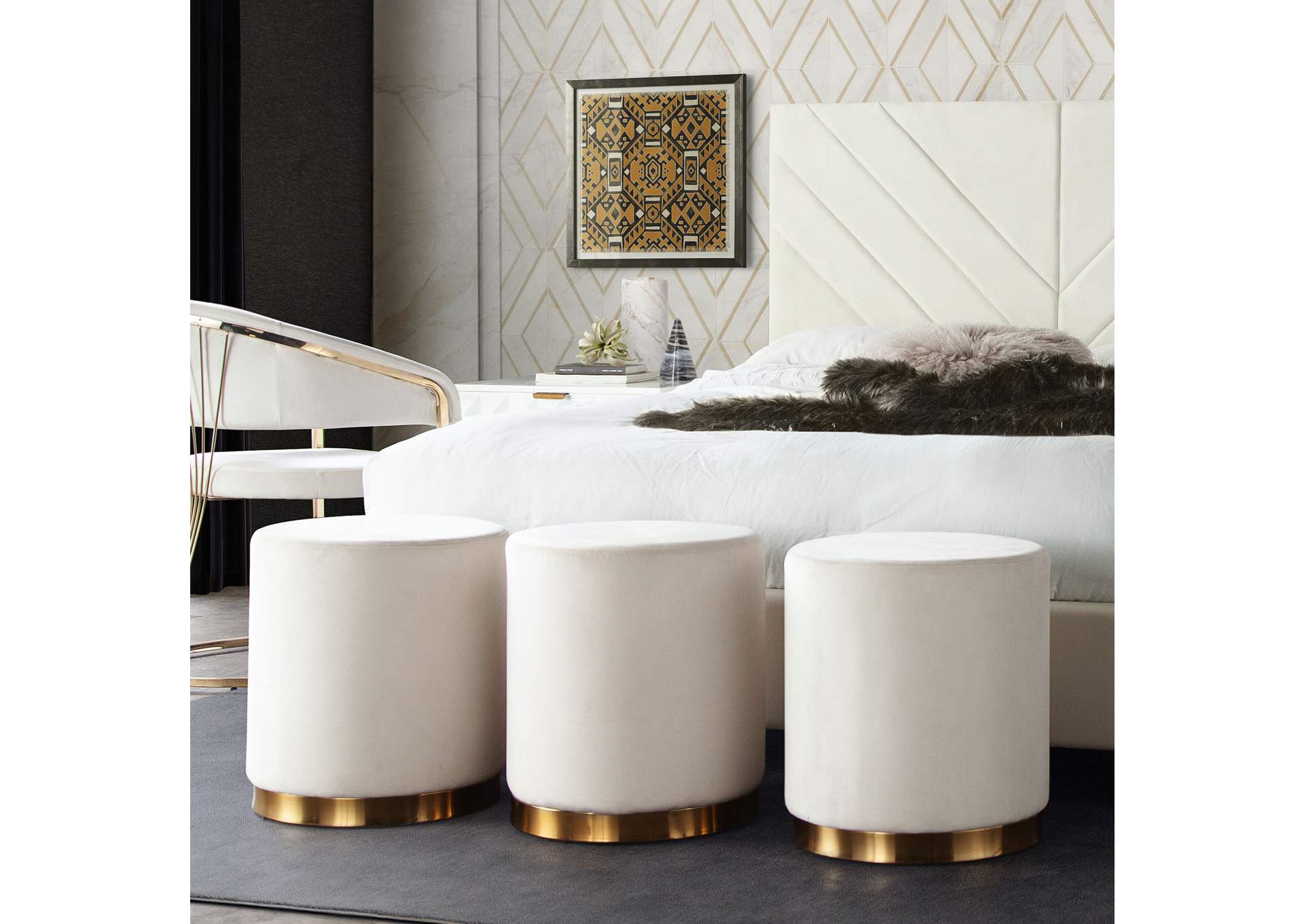 Sorbet Round Accent Ottoman In Cream Velvet W/ Gold Metal Band Accent image 6
