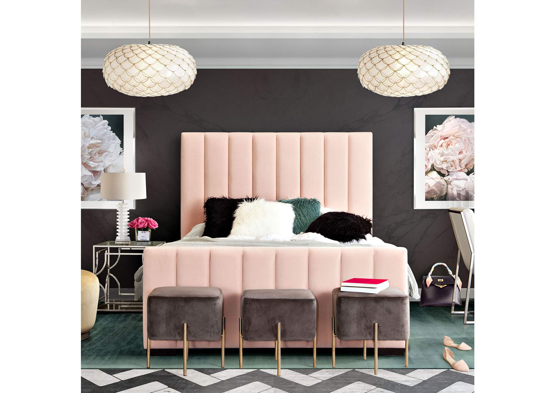 Venus Vertical Channel Tufted Eastern King Bed In Blush Pink Velvet image 3