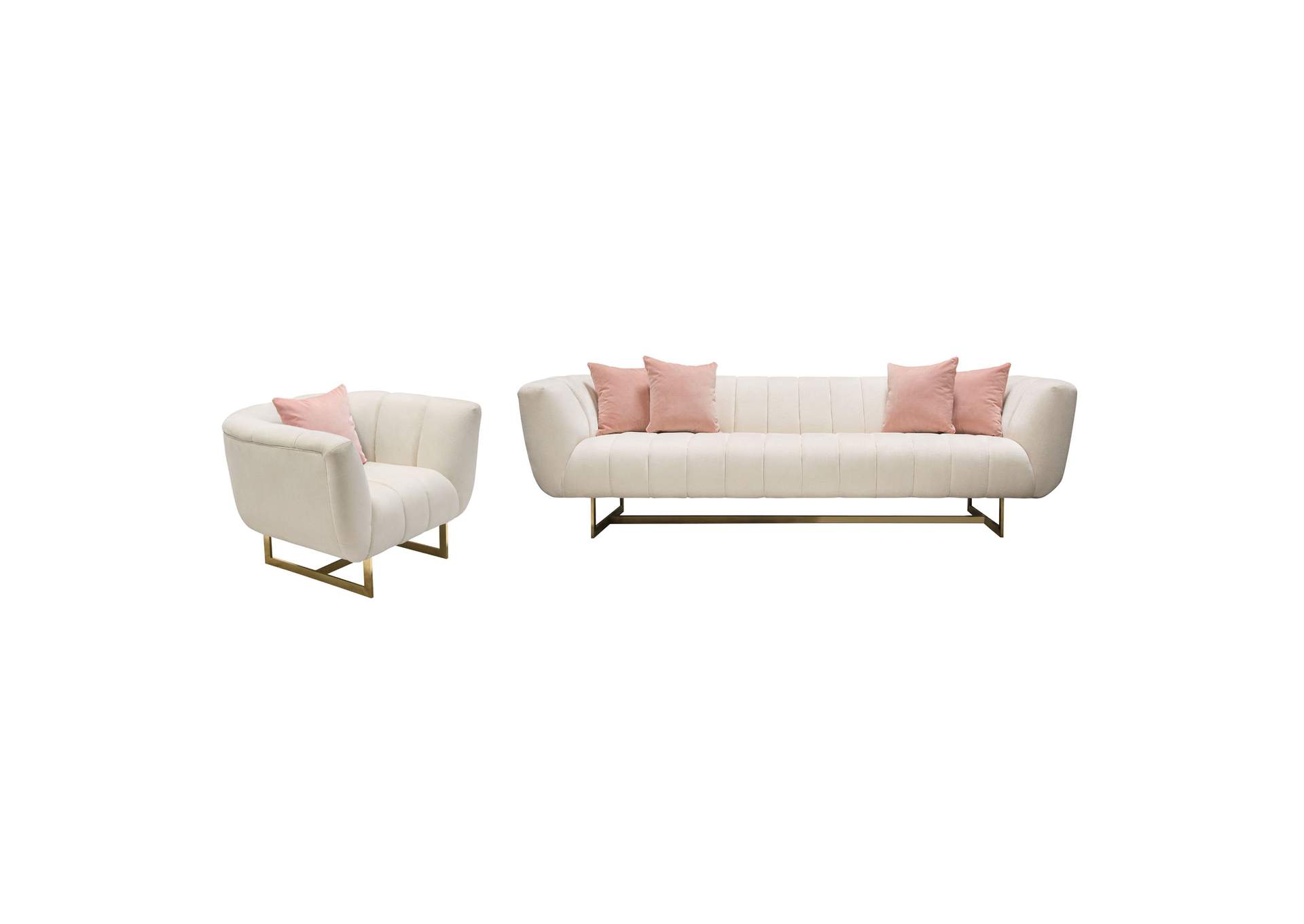 Venus Cream Fabric Sofa & Chair 2PC Set w/ Contrasting Pillows & Gold Finished Metal Base by Diamond Sofa image 1