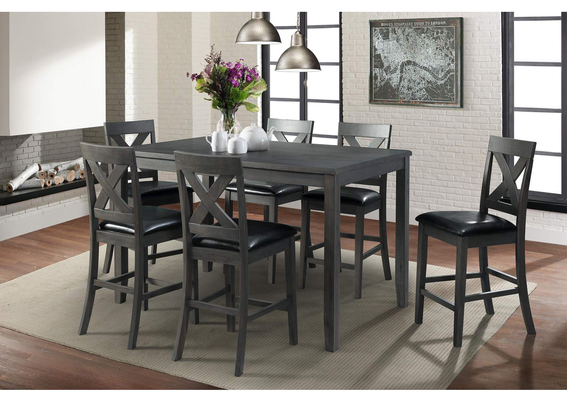 Alex Grey 60 7 Pc Counter Set Grey Table With Black Pu Seat image 1