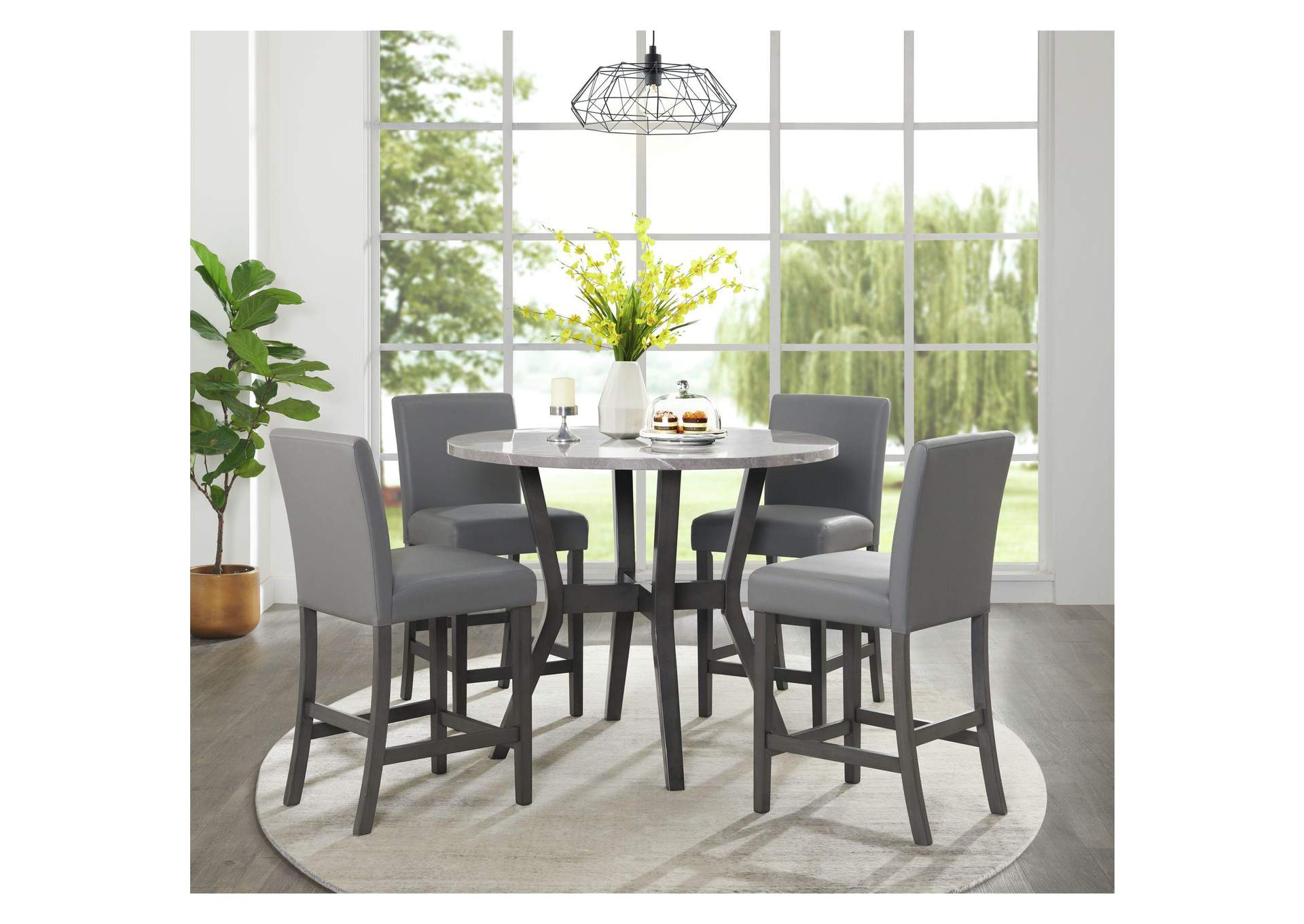 Ambridge 5 Piece Round Counter Set With Faux Marble Top In Brushed Grey image 1