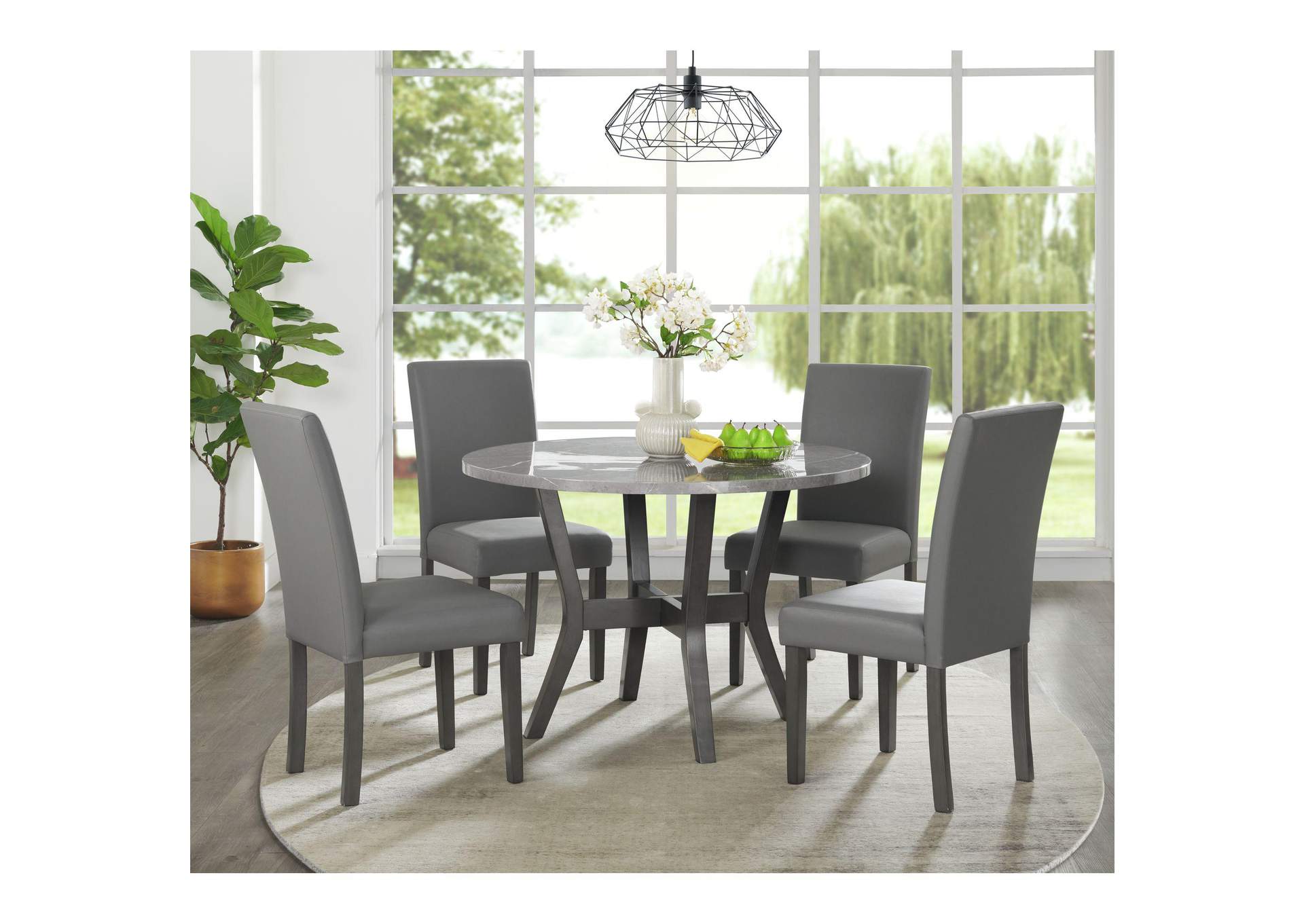 Ambridge 5 Piece Round Dining Set With Faux Marble Top In Brushed Grey image 1