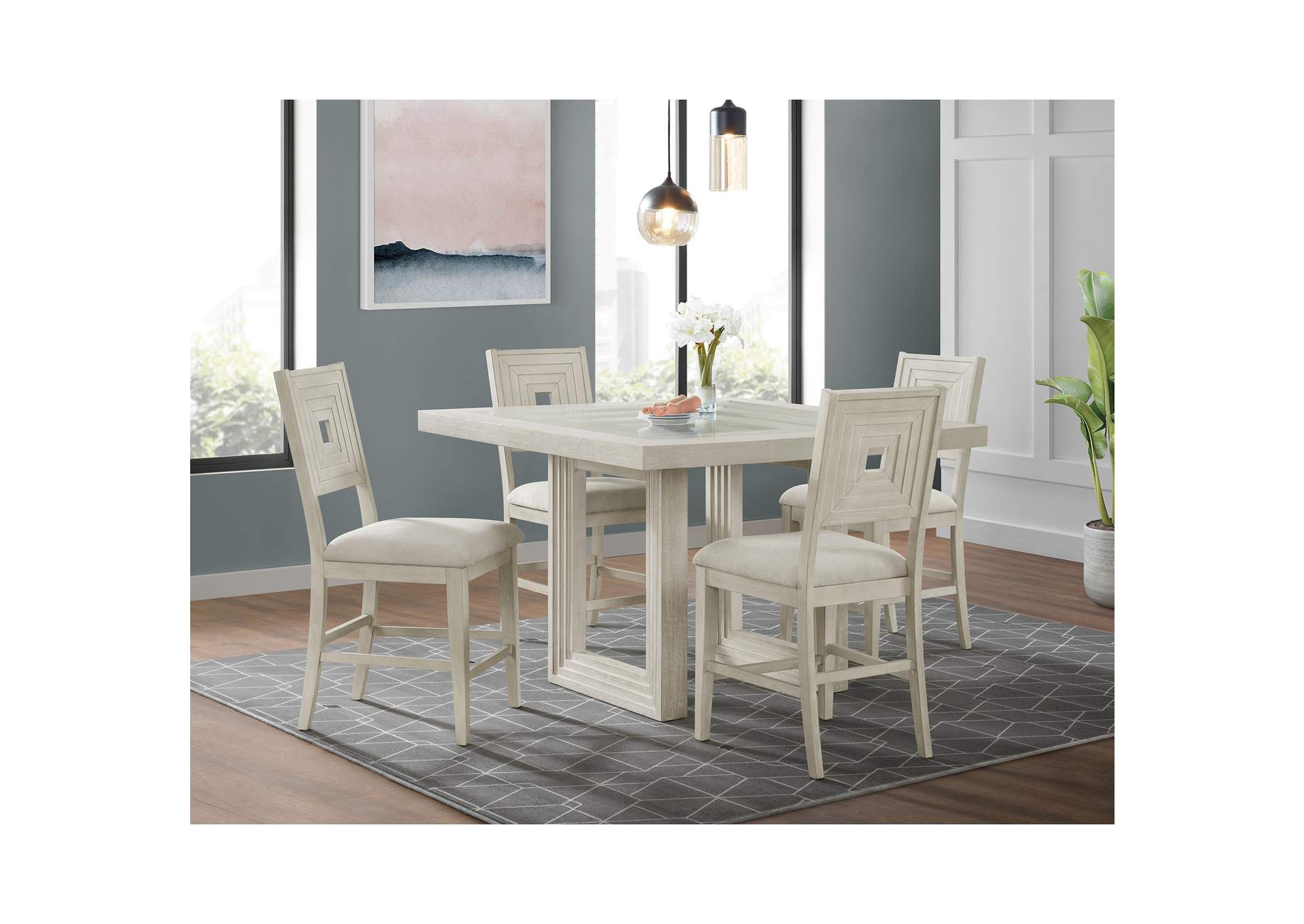 Avalanche 5 Piece Square Counter Height Dining Set In Antique White - Table And Four Chairs image 1