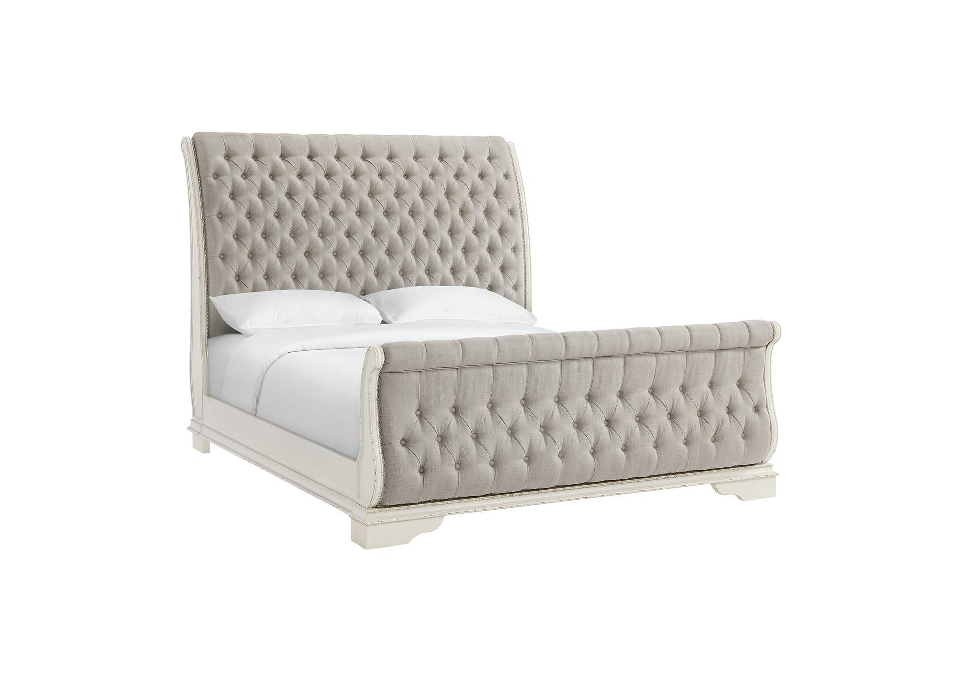 Bellevue King Upholstered Sleigh Bed With Beige Fabric In Antique White