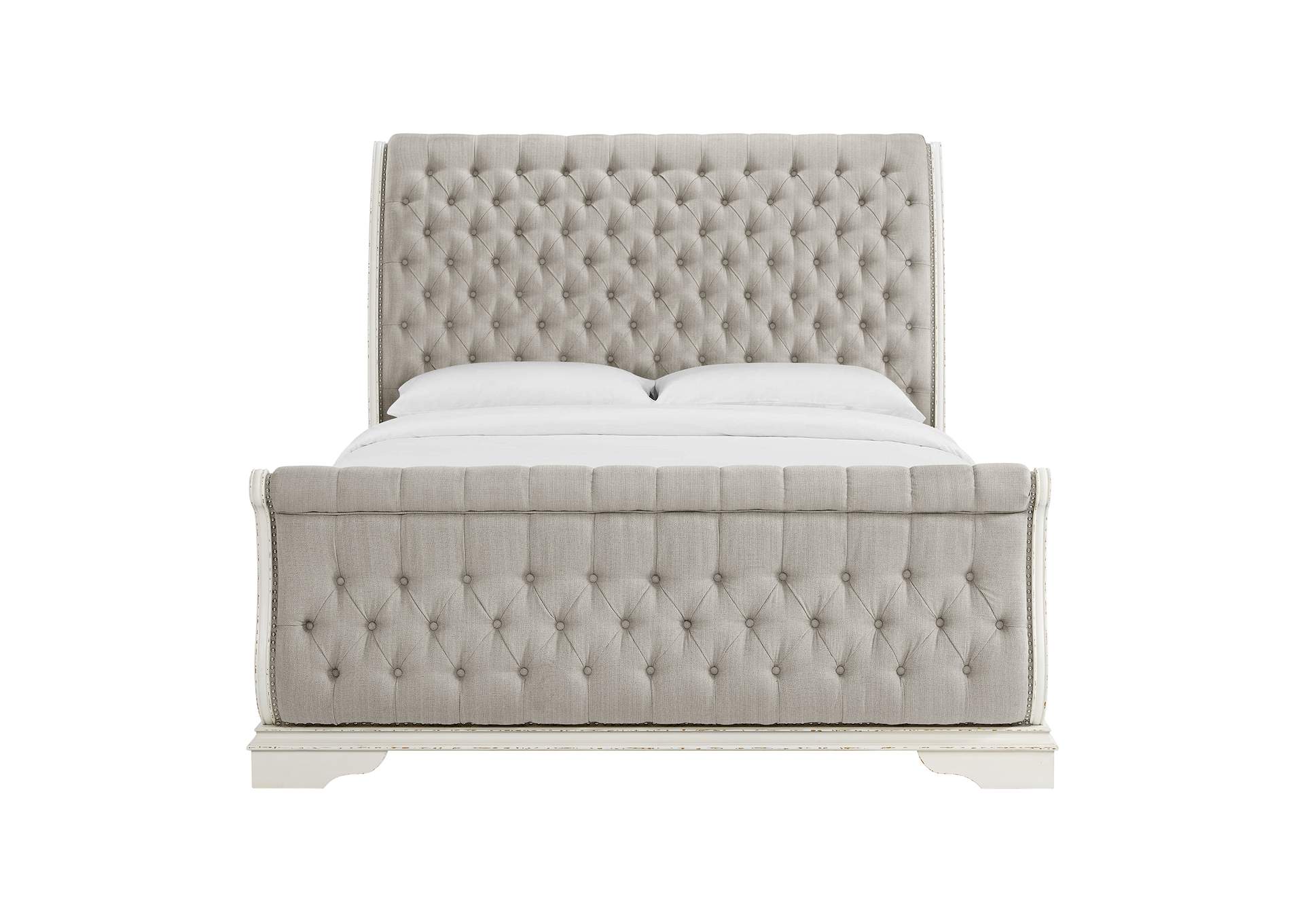 Bellevue King Upholstered Sleigh Bed With Beige Fabric In Antique White