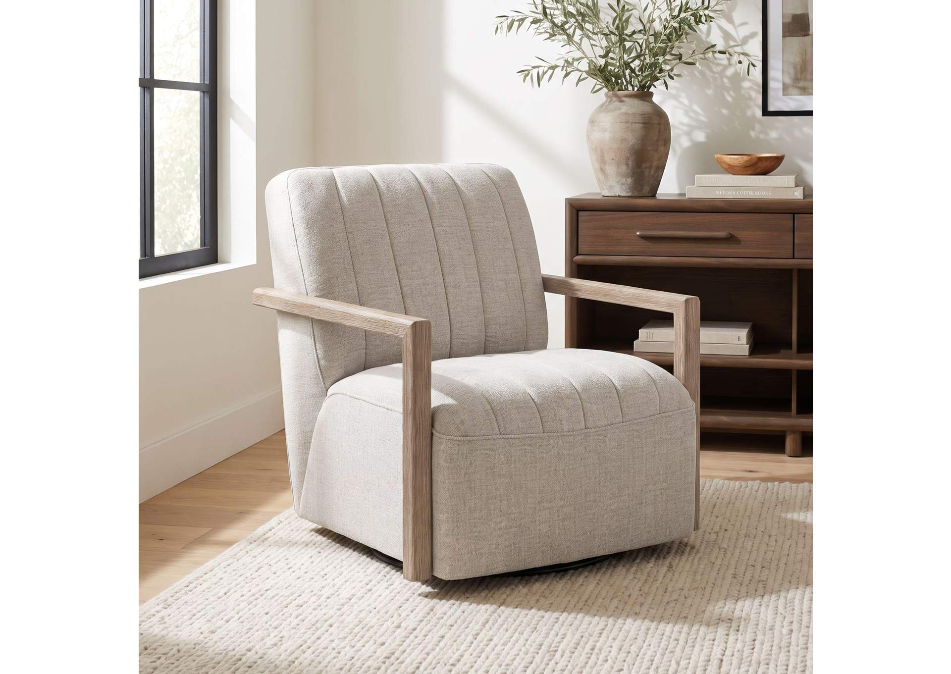 Blaze Swivel Chair In Laurence Cream With Natural Arm image 1