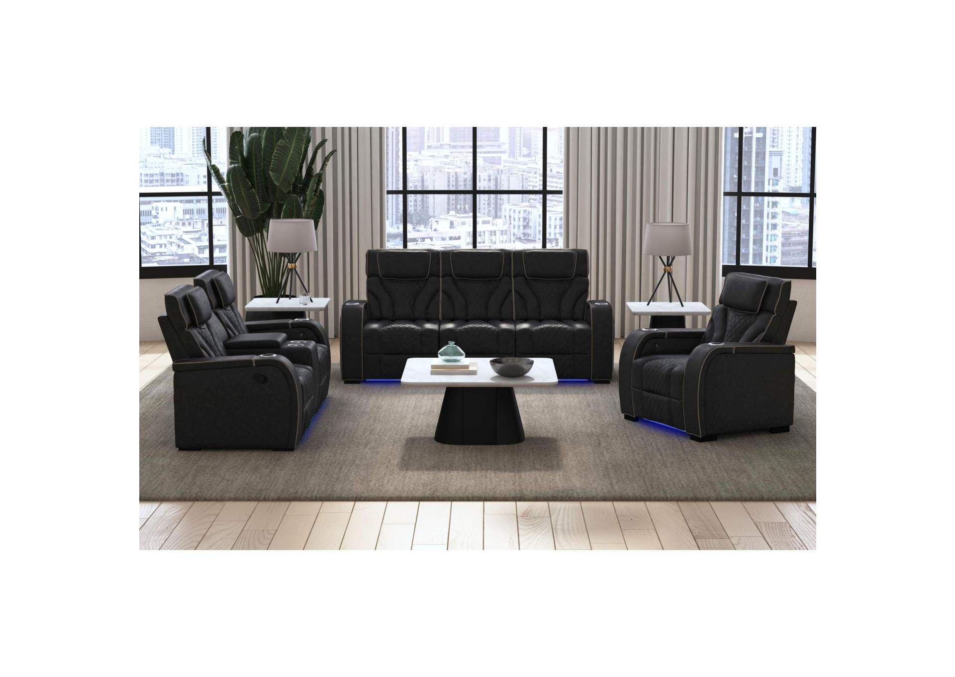 Blitz Motion Loveseat With Console And Led In Simba Black And Slate Welt image 1