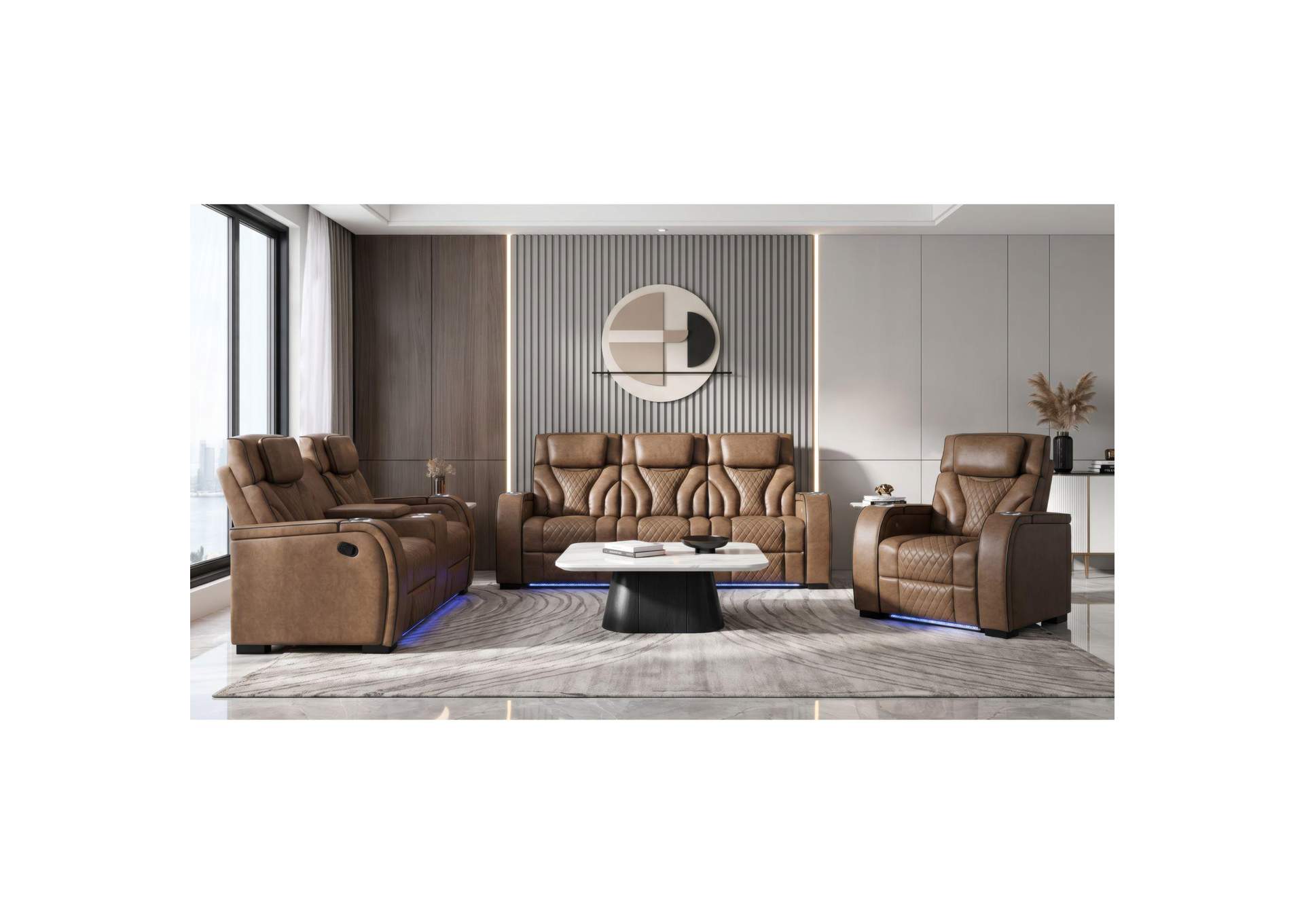 Blitz Motion Loveseat With Console And Led In Simba Cafe And Black Welt image 1