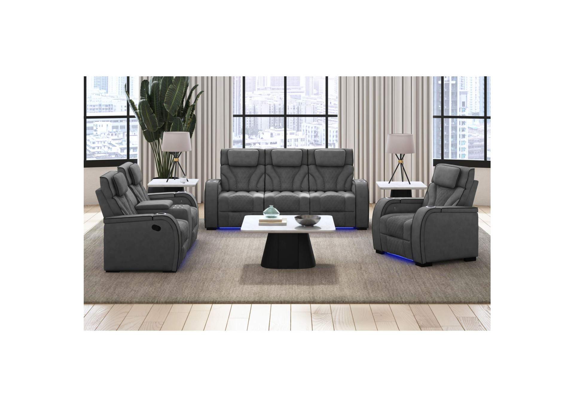 Blitz Motion Loveseat With Console And Led In Simba Slate And Black Welt image 1