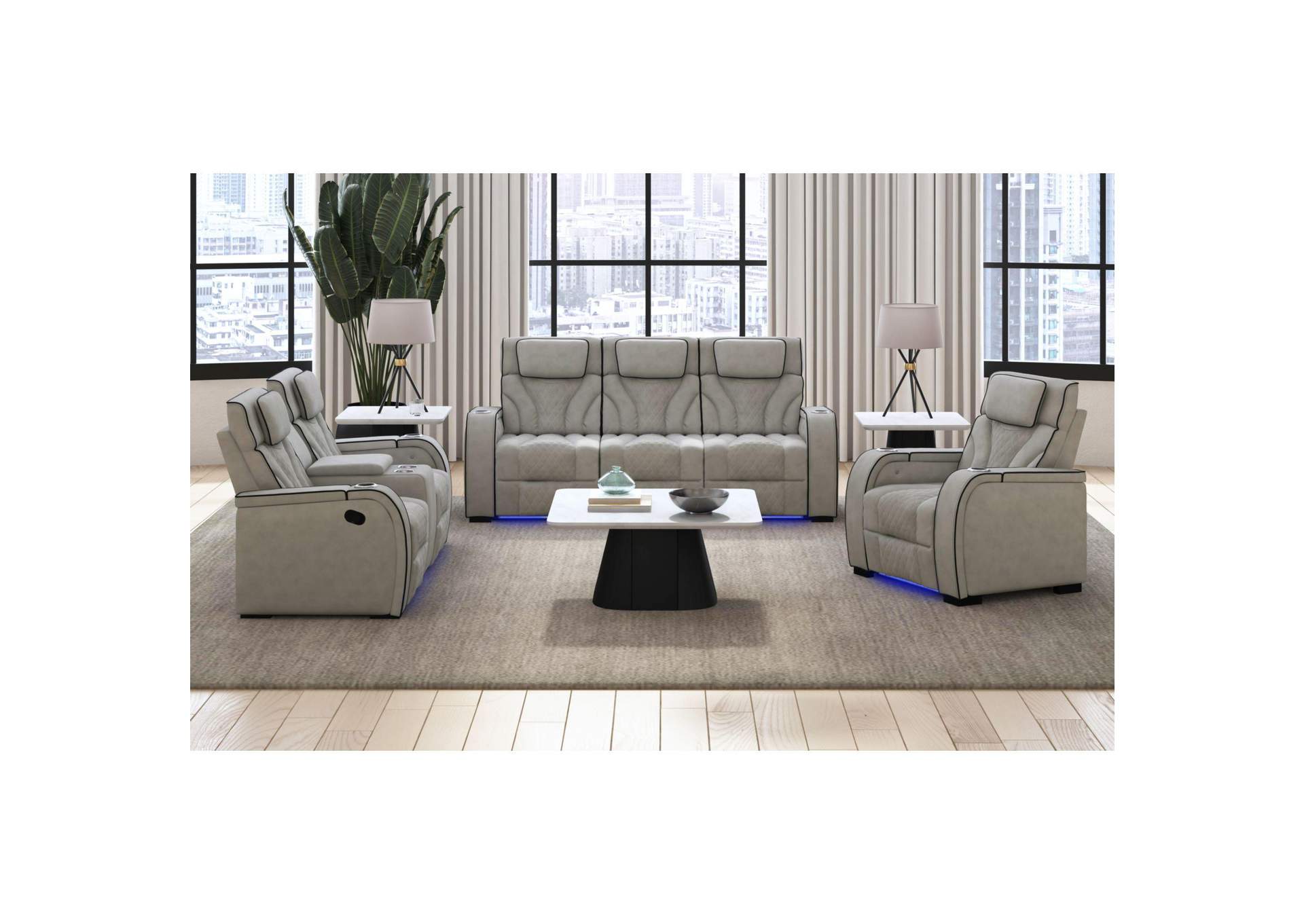Blitz Motion Sofa With Ddt Reading Light Wireless Charger And Led In Simba Taupe And Black Welt image 1