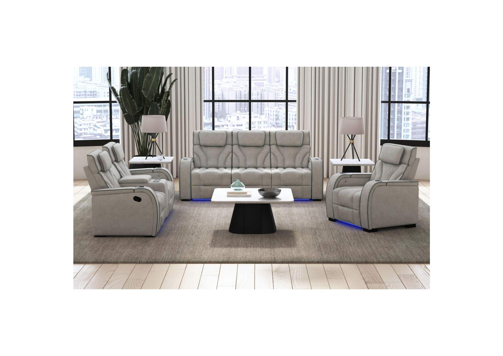 Blitz Motion Loveseat With Console And Led In Simba Taupe And Slate Welt image 1