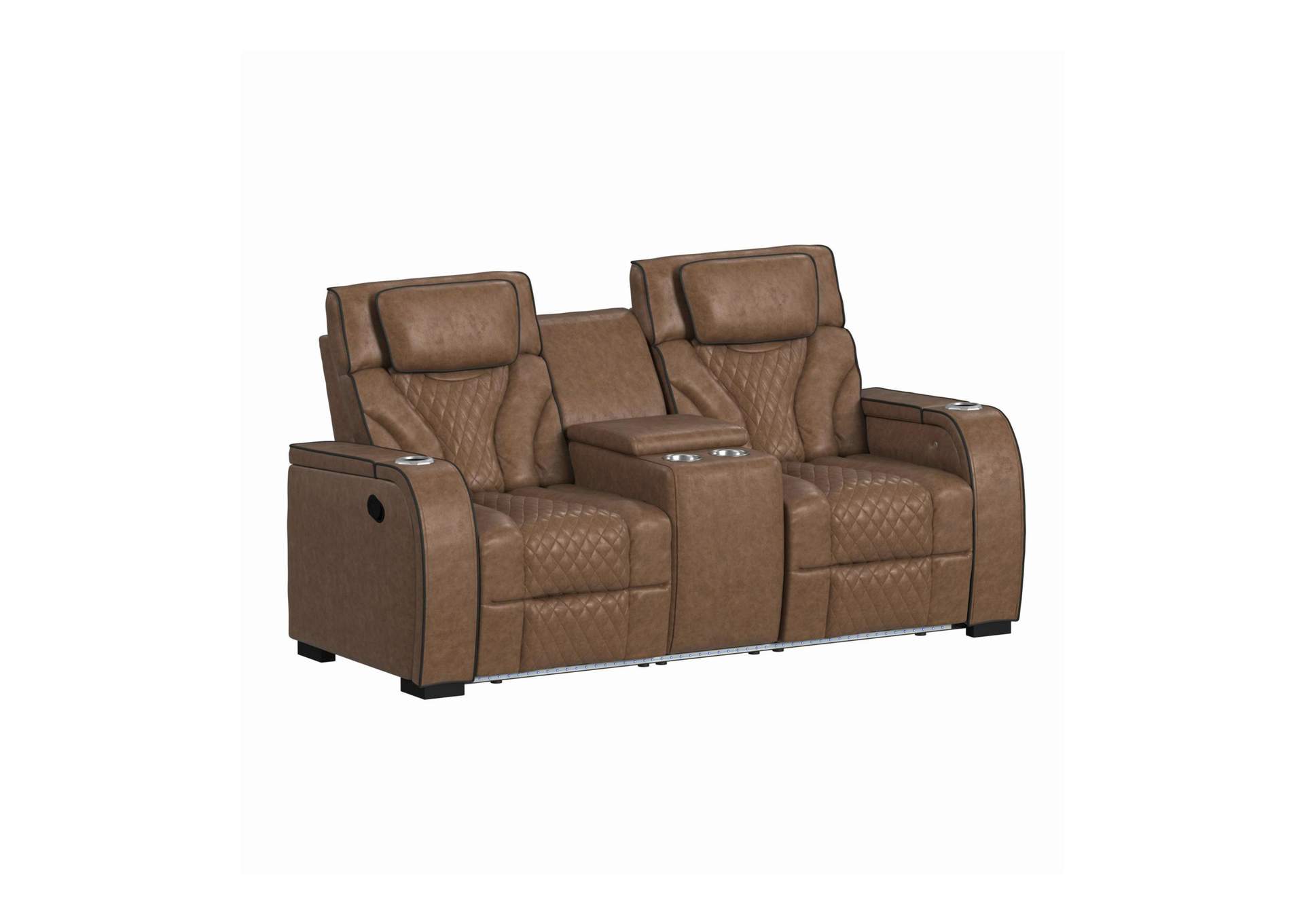 Blitz Motion Loveseat With Console And Led In Simba Cafe And Black Welt image 3