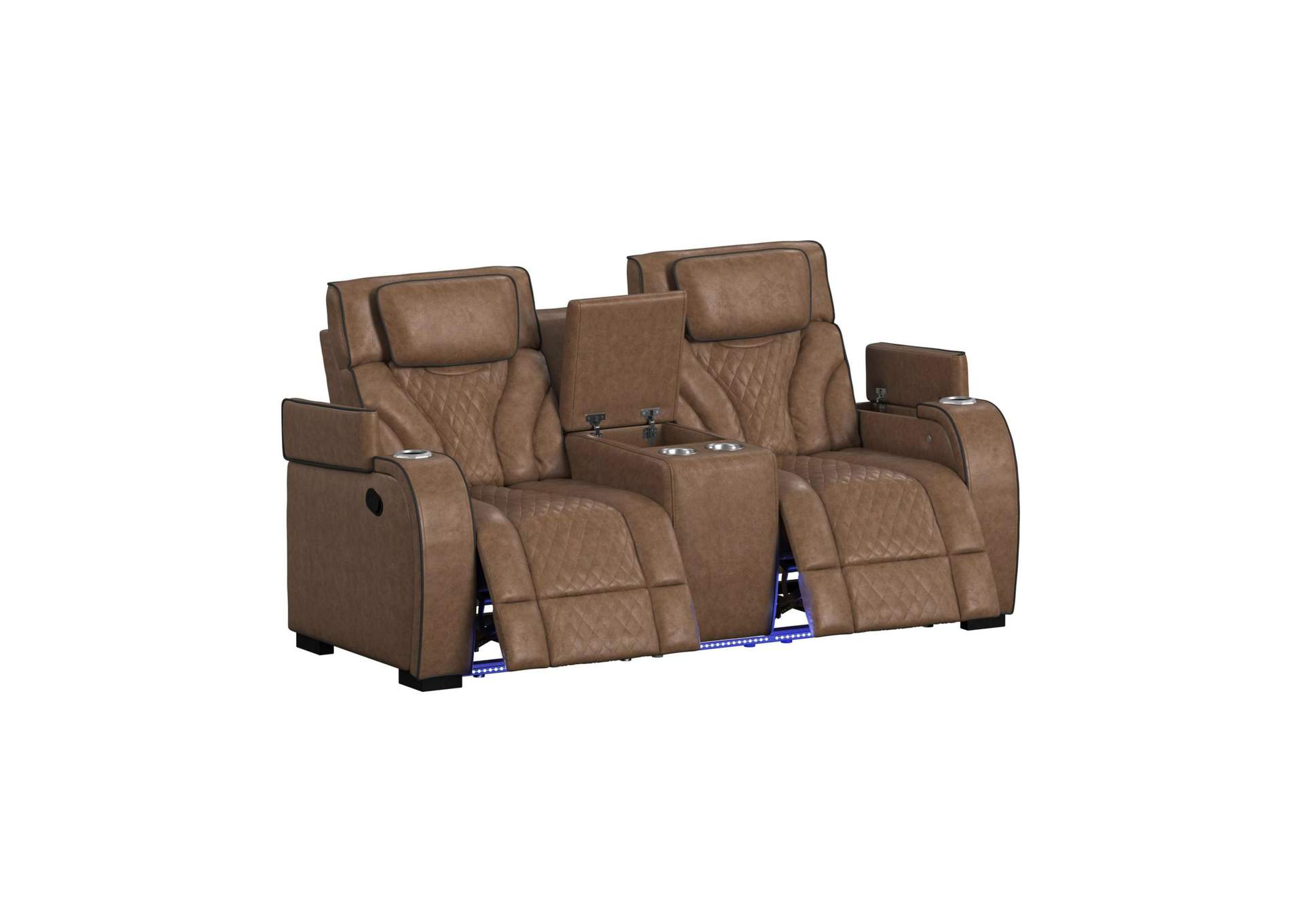 Blitz Motion Loveseat With Console And Led In Simba Cafe And Black Welt image 4
