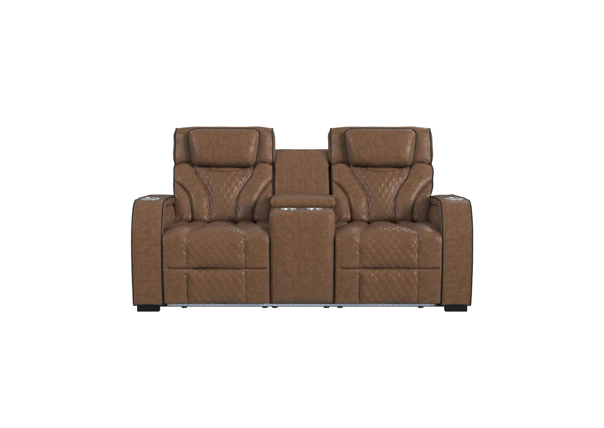 Blitz Motion Loveseat With Console And Led In Simba Cafe And Black Welt image 5