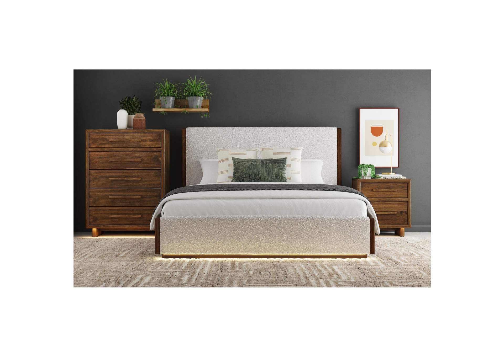 Brisbane King Upholstery Bed With Boucle Beige And Led In Brown image 1