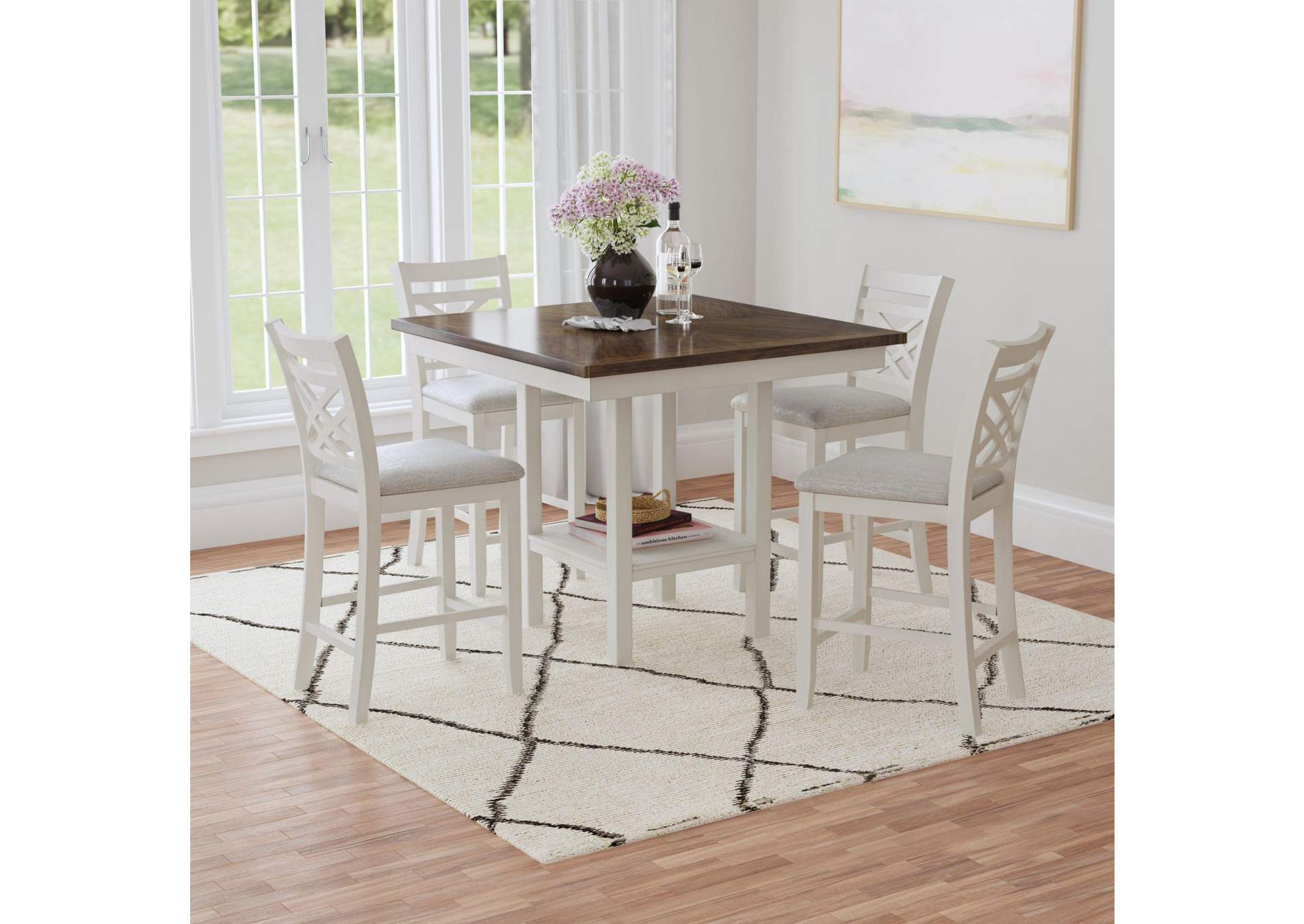 Brooks 5 Piece Counter Set With Table And 4 Upholstery Seat Wood Back Chairs In Medium Brown White image 1