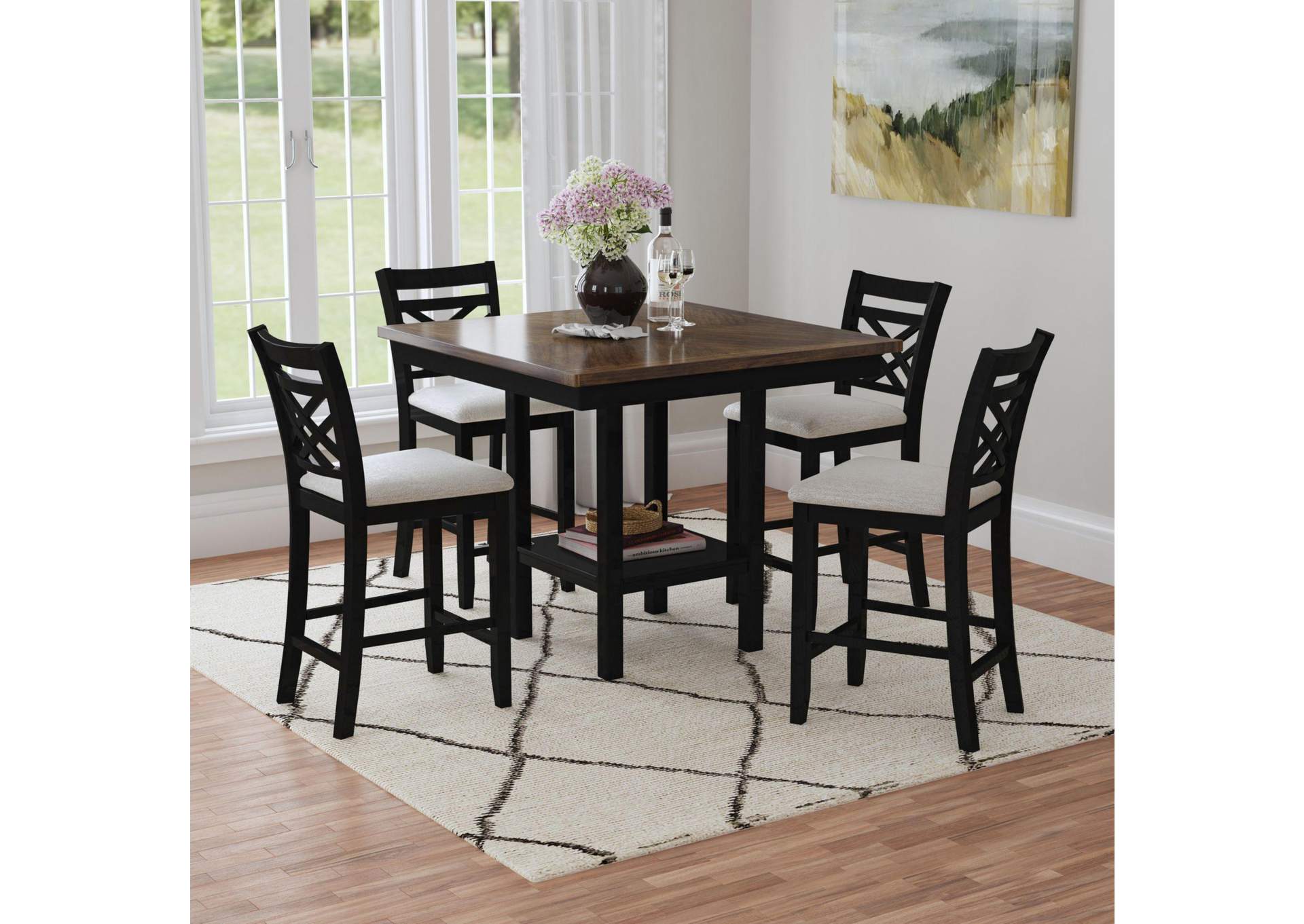 Brooks 5 Piece Counter Set With Table And 4 Upholstery Seat Wood Back Chairs In Medium Brown Black image 1