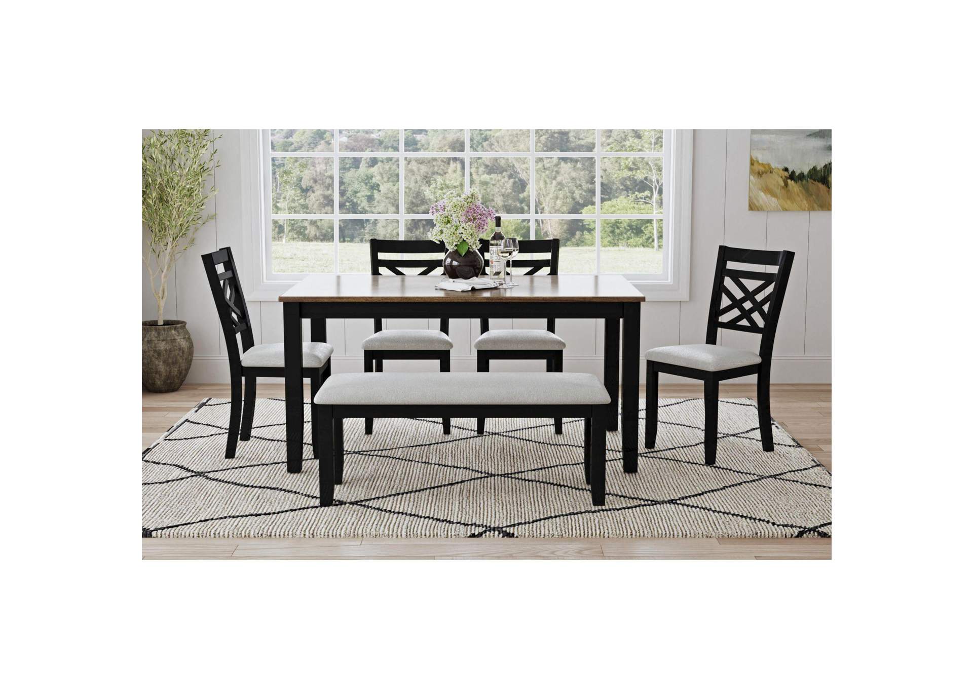 Brooks 6 Piece Dining Set With Table 4 Wood Back And Upholstery Seat Chairs And Bench In Medium Brown Black image 1