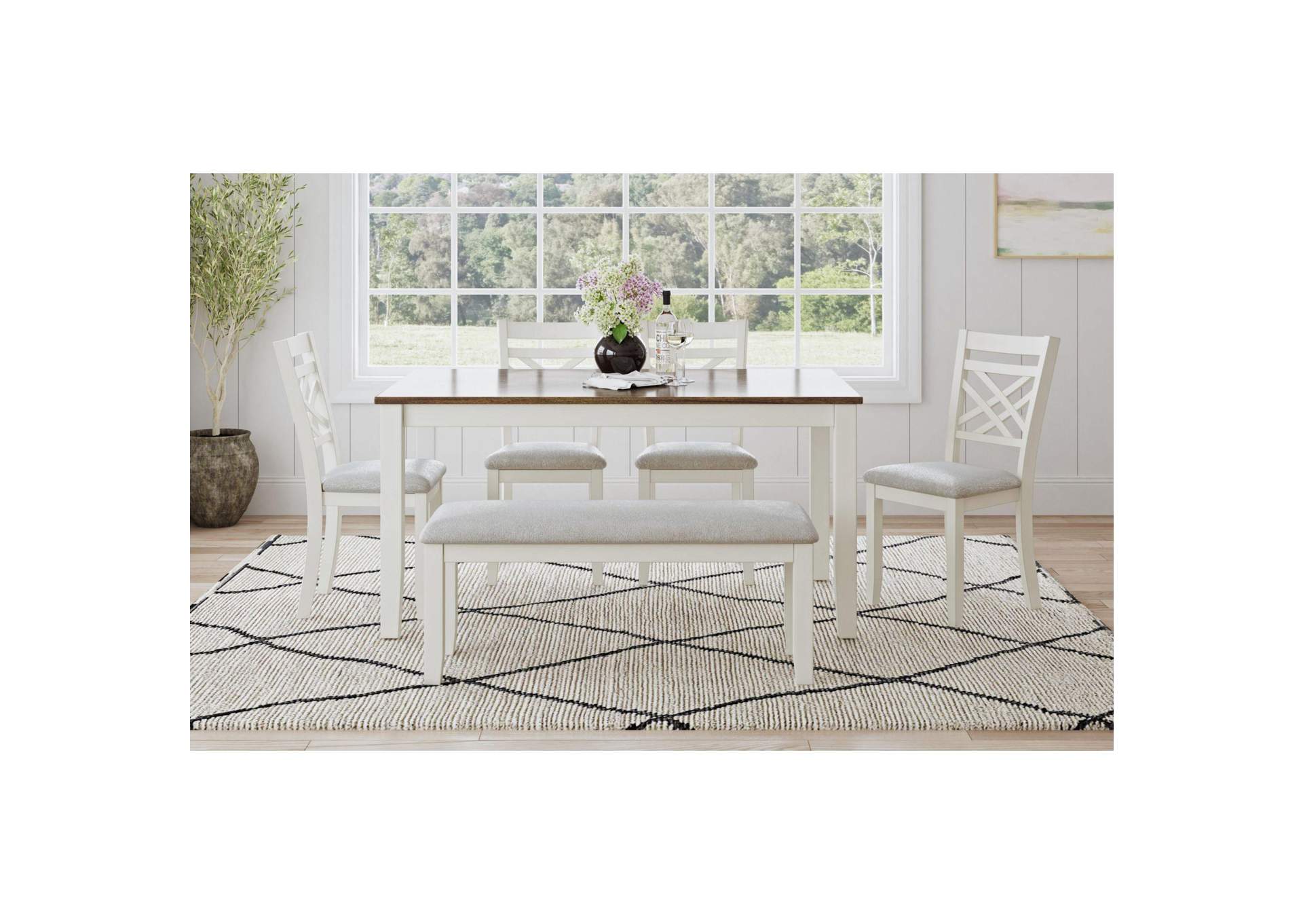 Brooks 6 Piece Dining Set With Table 4 Wood Back And Upholstery Seat Chairs And Bench In Medium Brown White image 1