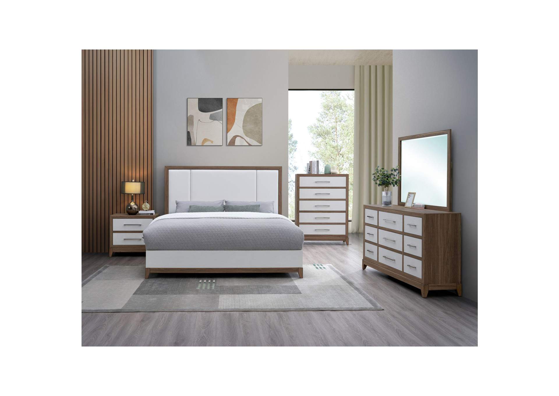 Calverson Queen Bed With White Pu In Ivory And Walnut image 1