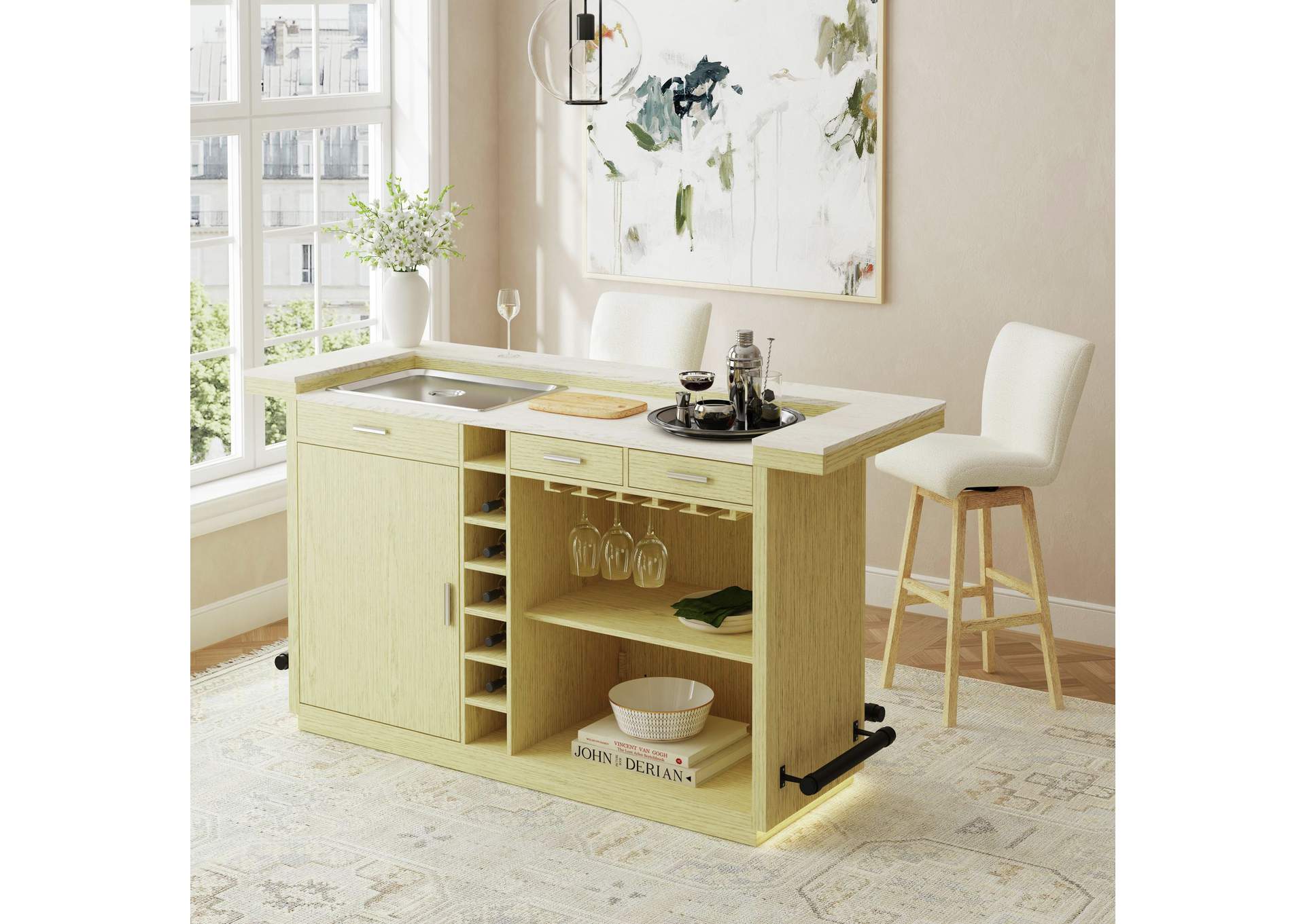Cambrie Bar Table In Off - White And Natural With Led