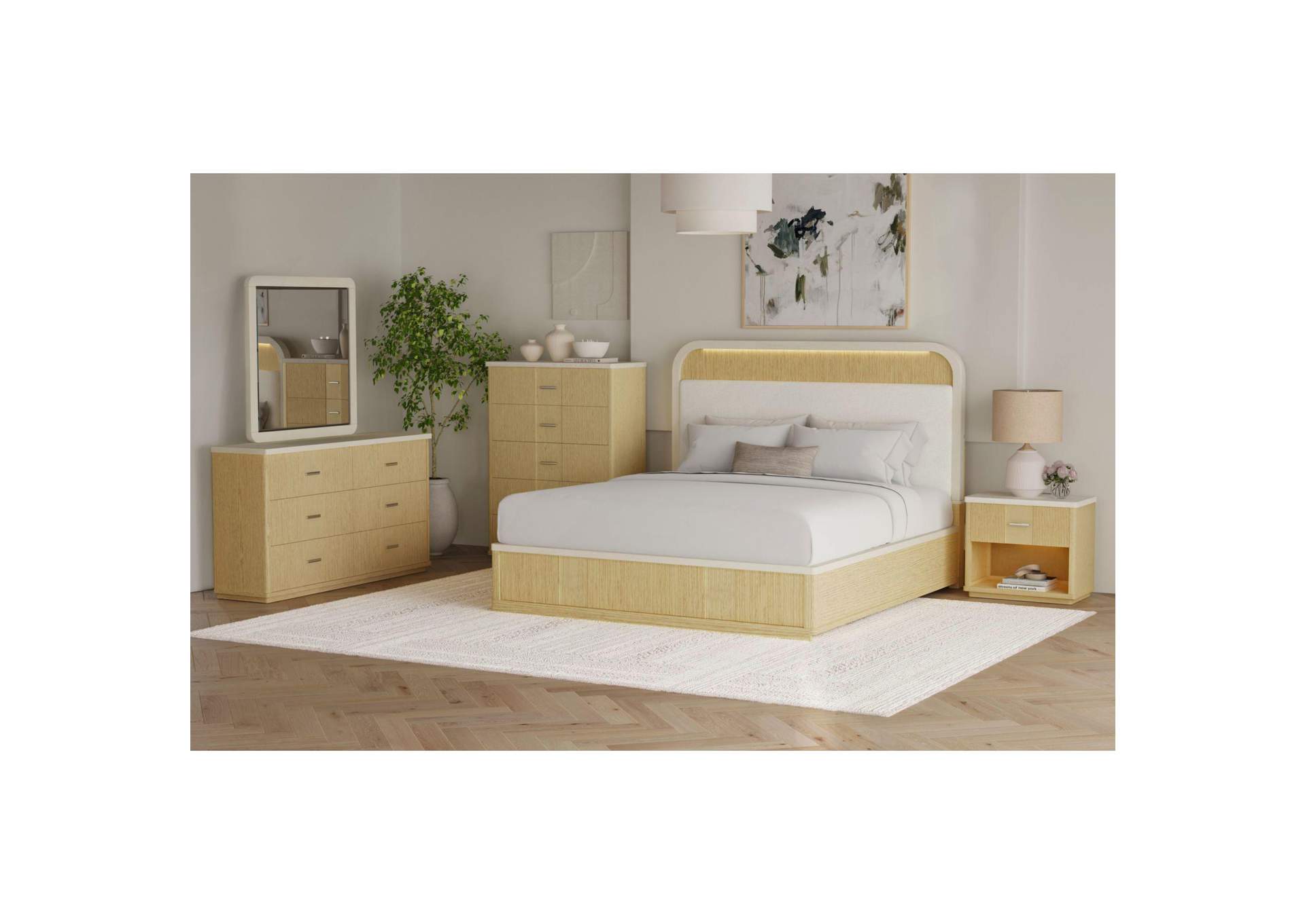 Cambrie King Upholstery Bed With White Fabric And Light In Off - White And Natural image 1
