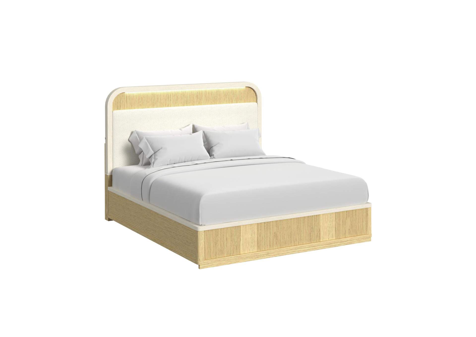 Cambrie King Upholstery Bed With White Fabric And Light In Off - White And Natural image 3