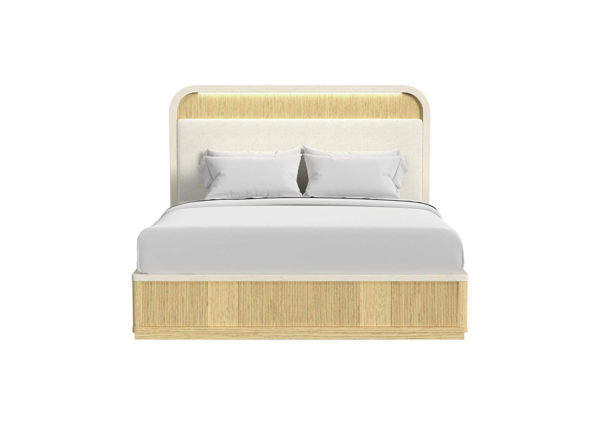Cambrie King Upholstery Bed With White Fabric And Light In Off - White And Natural image 4