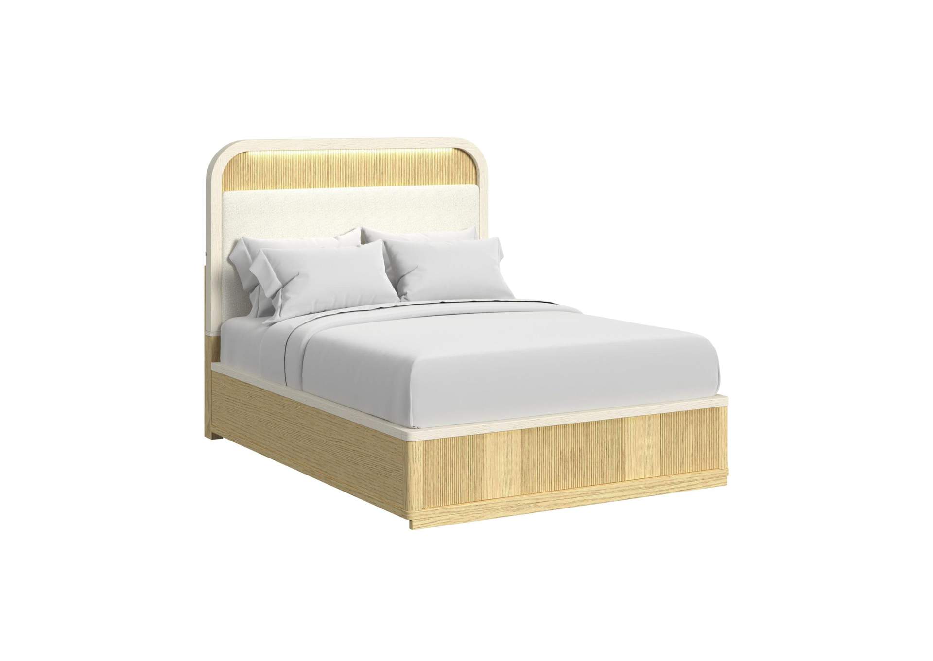 Cambrie Queen Upholstery Bed With White Fabric And Light In Off - White And Natural image 3