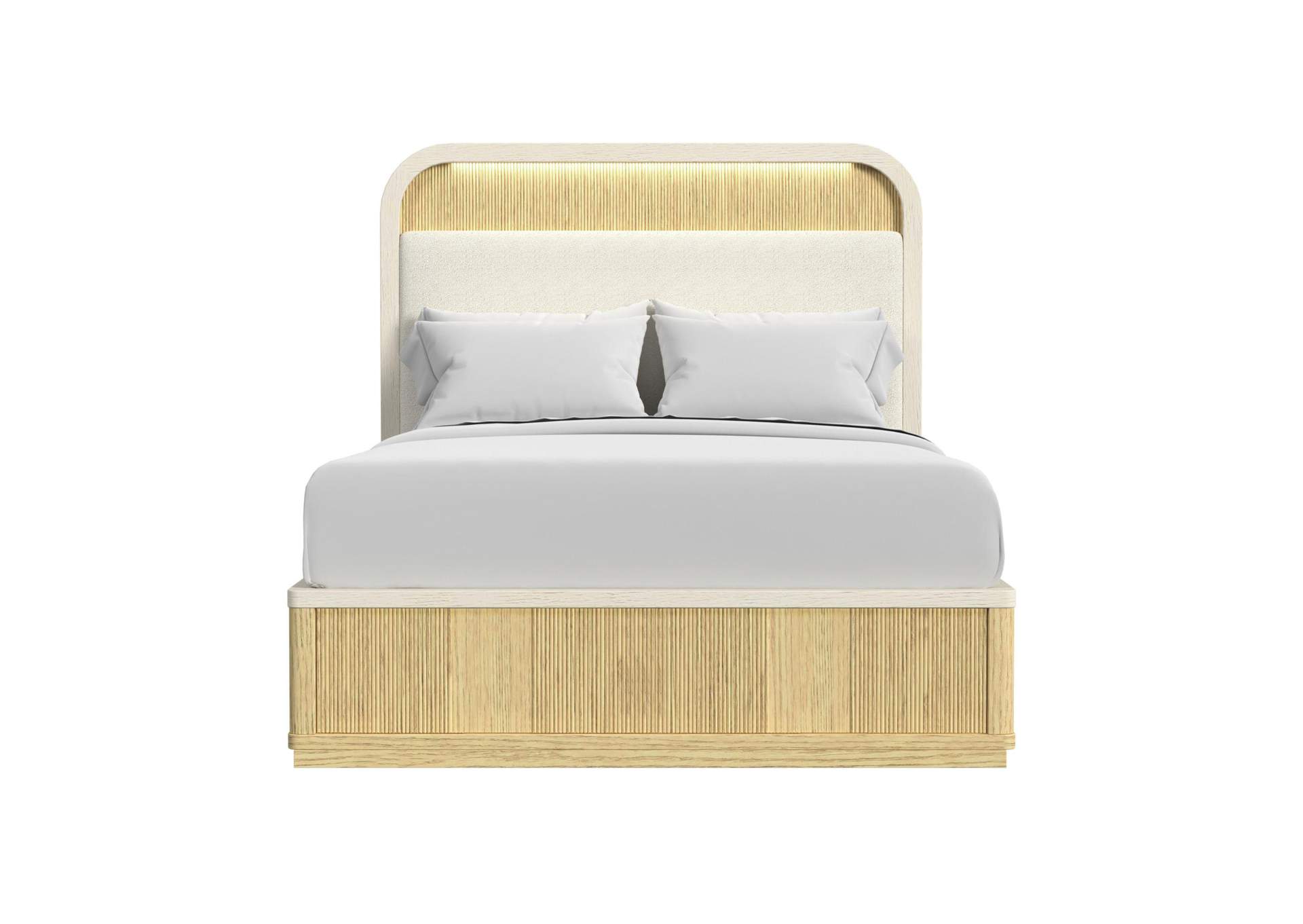 Cambrie Queen Upholstery Bed With White Fabric And Light In Off - White And Natural image 4
