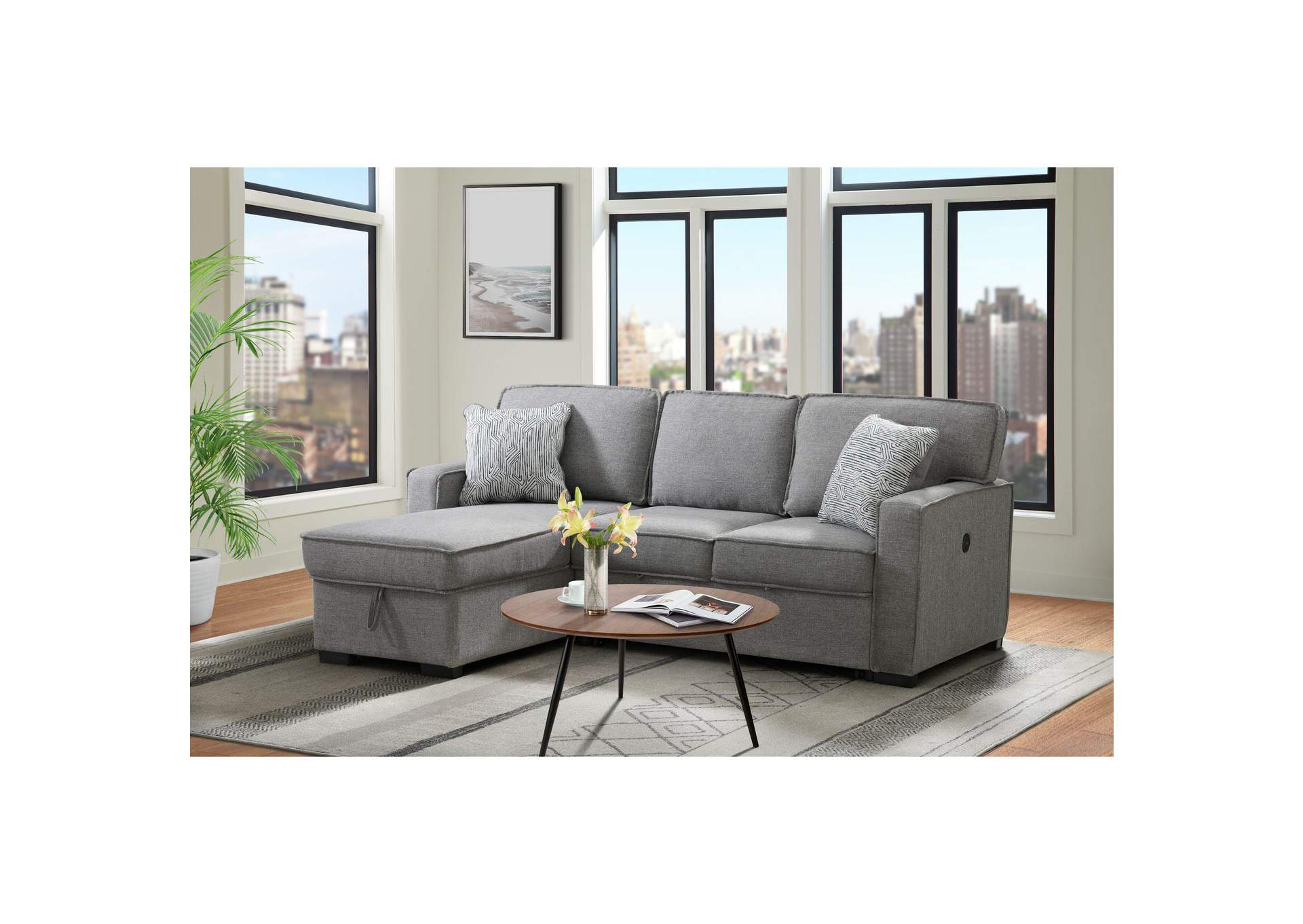 Caracas Sectional Sleeper Chofa With Pull Bed Drop Table USB In Palmer Grey image 1