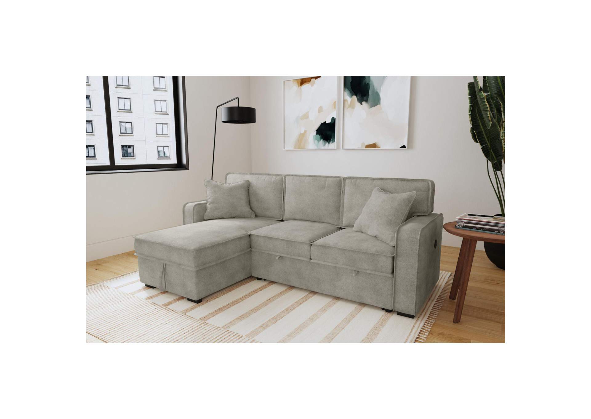 Caracas Sectional Right Hand Facing Loveseat With Pull Bed Drop Table USB And 1 Pillow In Flex Dove image 1