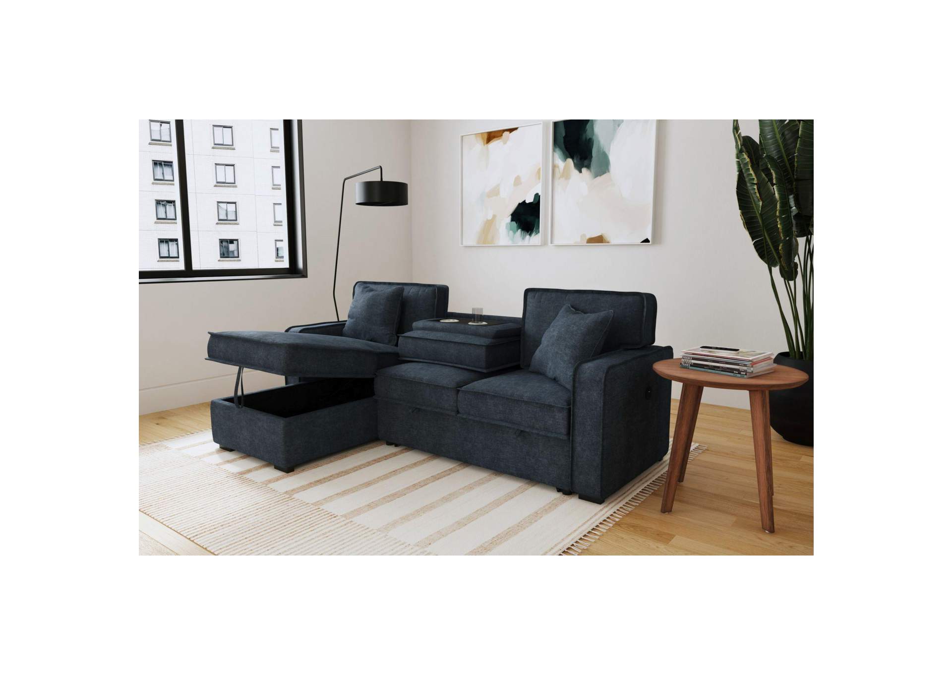 Caracas Sectional Sleeper Chofa With Pull Bed Drop Table USB In Eclipse Blue image 1