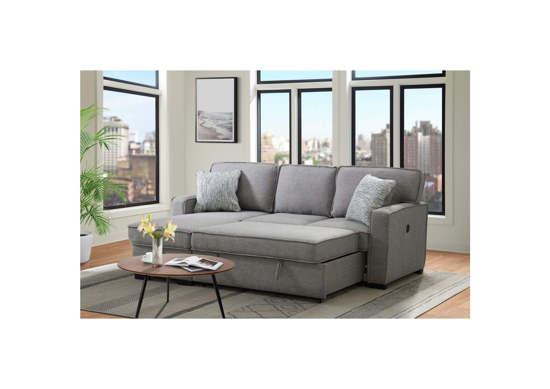 Caracas Sectional Sleeper Chofa With Pull Bed Drop Table USB In Palmer Grey image 1