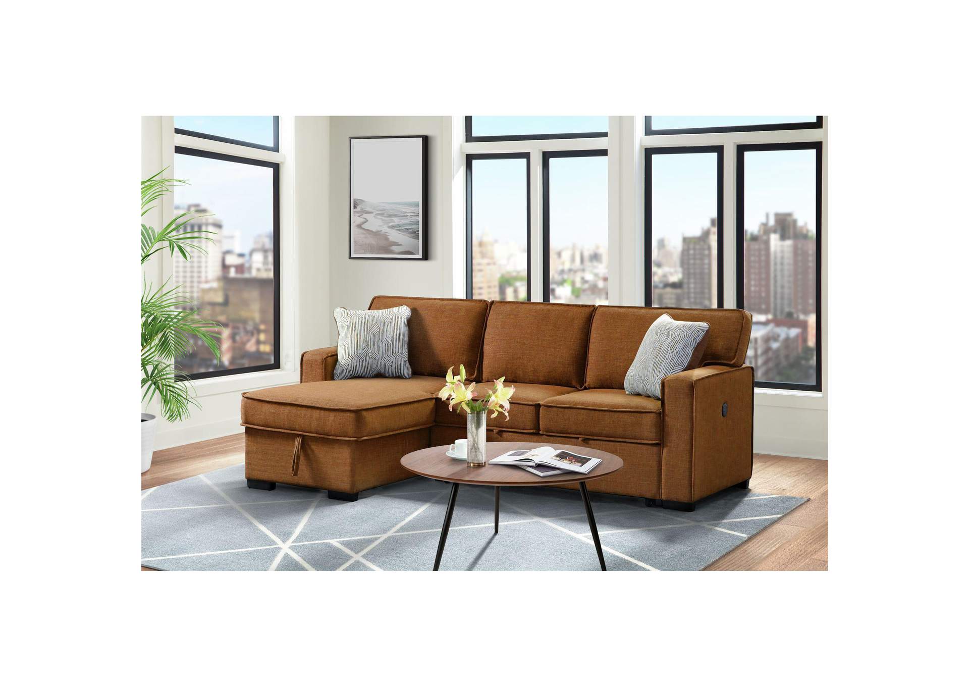 Caracas Sectional Sleeper Sofa With Drop Table USB In Palmer Russet image 1