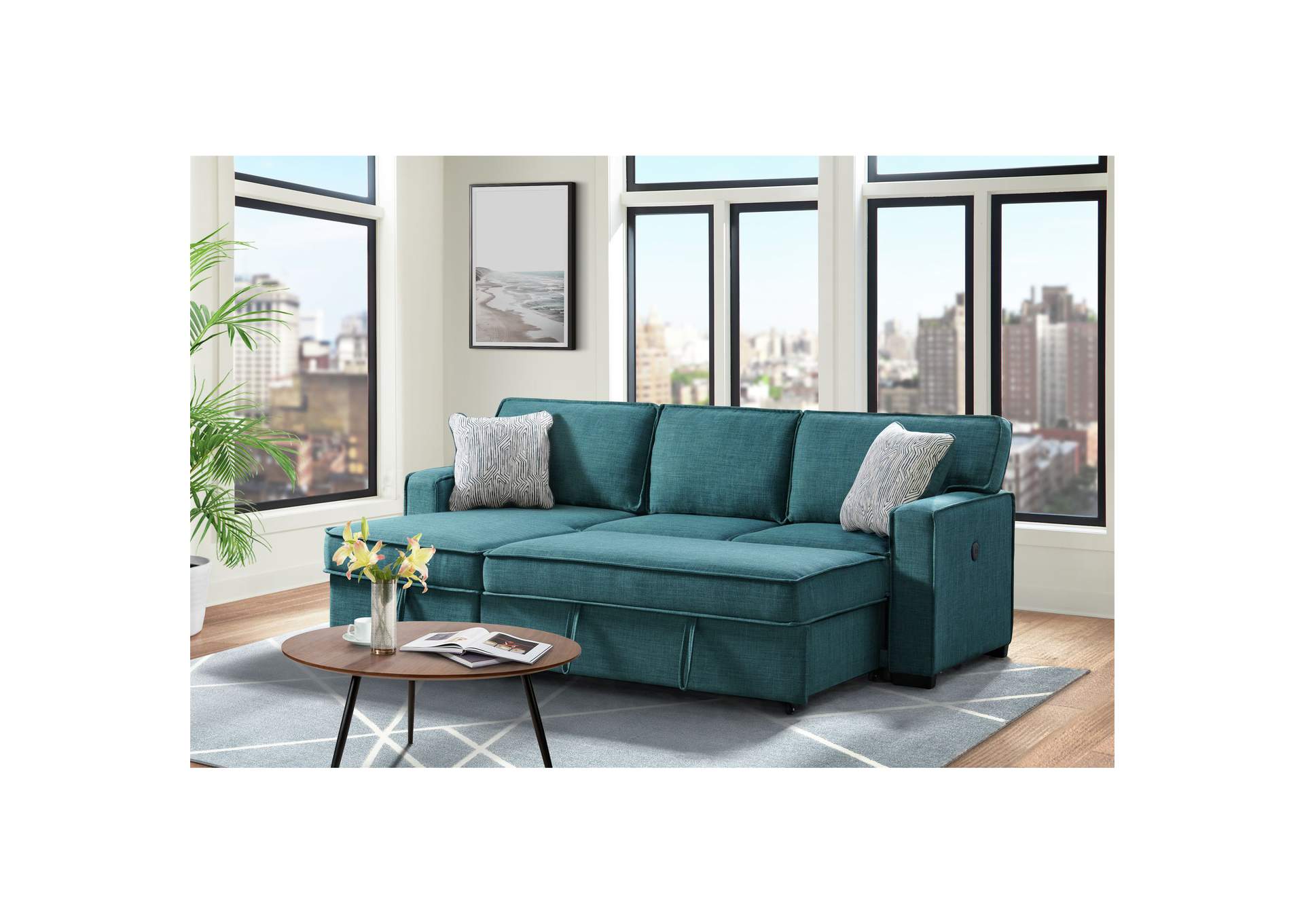 Caracas Sectional Sleeper Chofa With Pull Bed Drop Table USB In Palmer Teal image 1