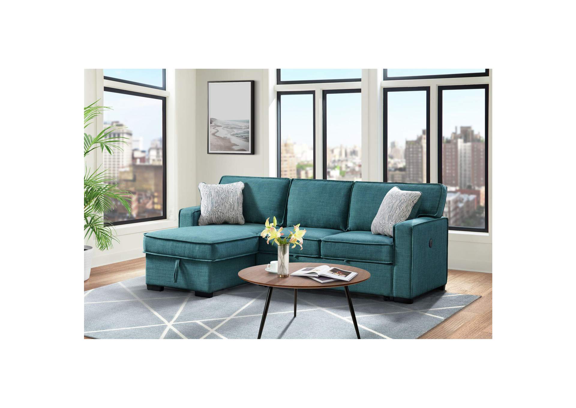 Caracas Sectional Sleeper Chofa With Pull Bed Drop Table USB In Palmer Teal image 1