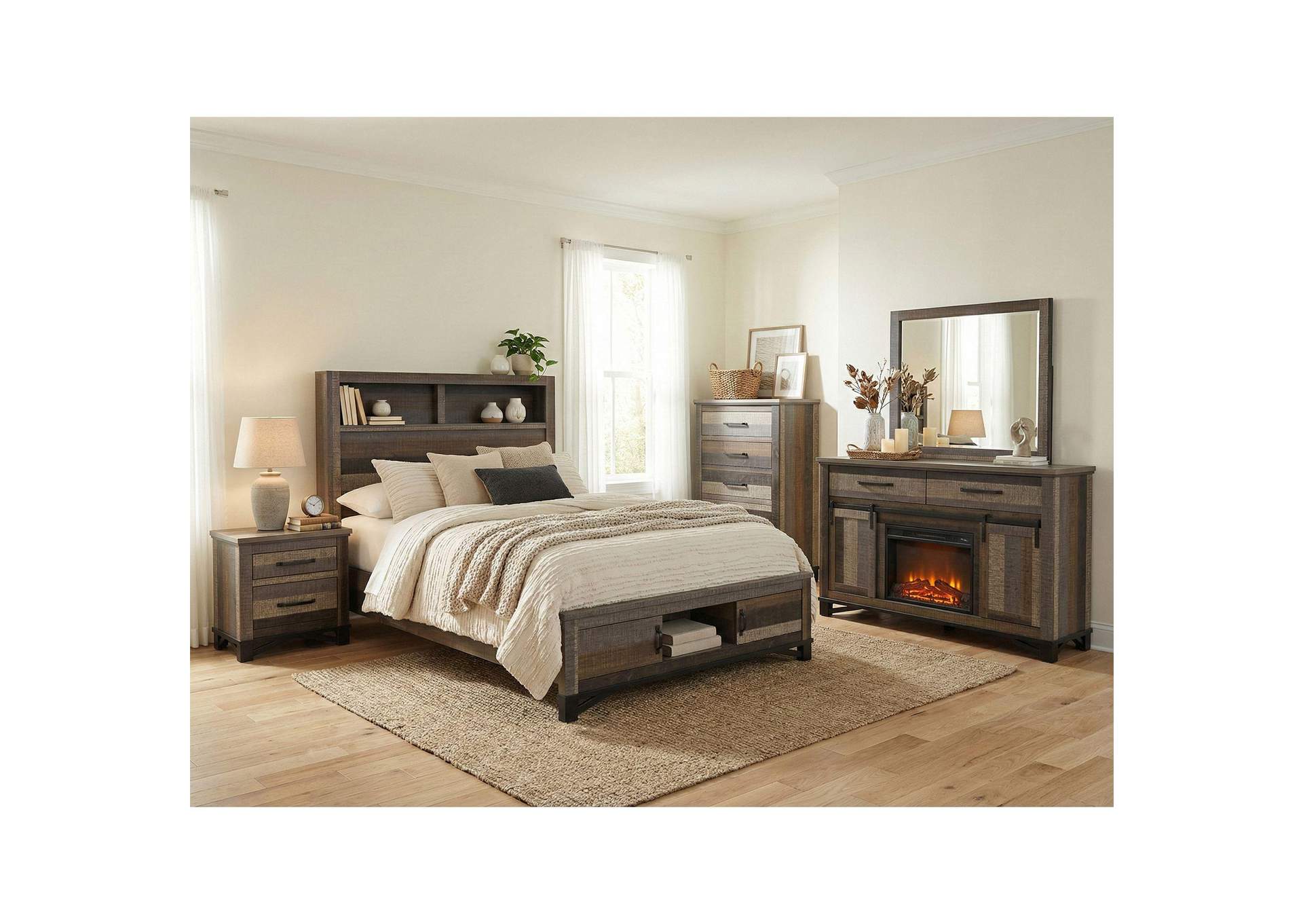Del Rio King Storage Cabinet Bed With Led Speaker And USB In Rustic Brown image 1
