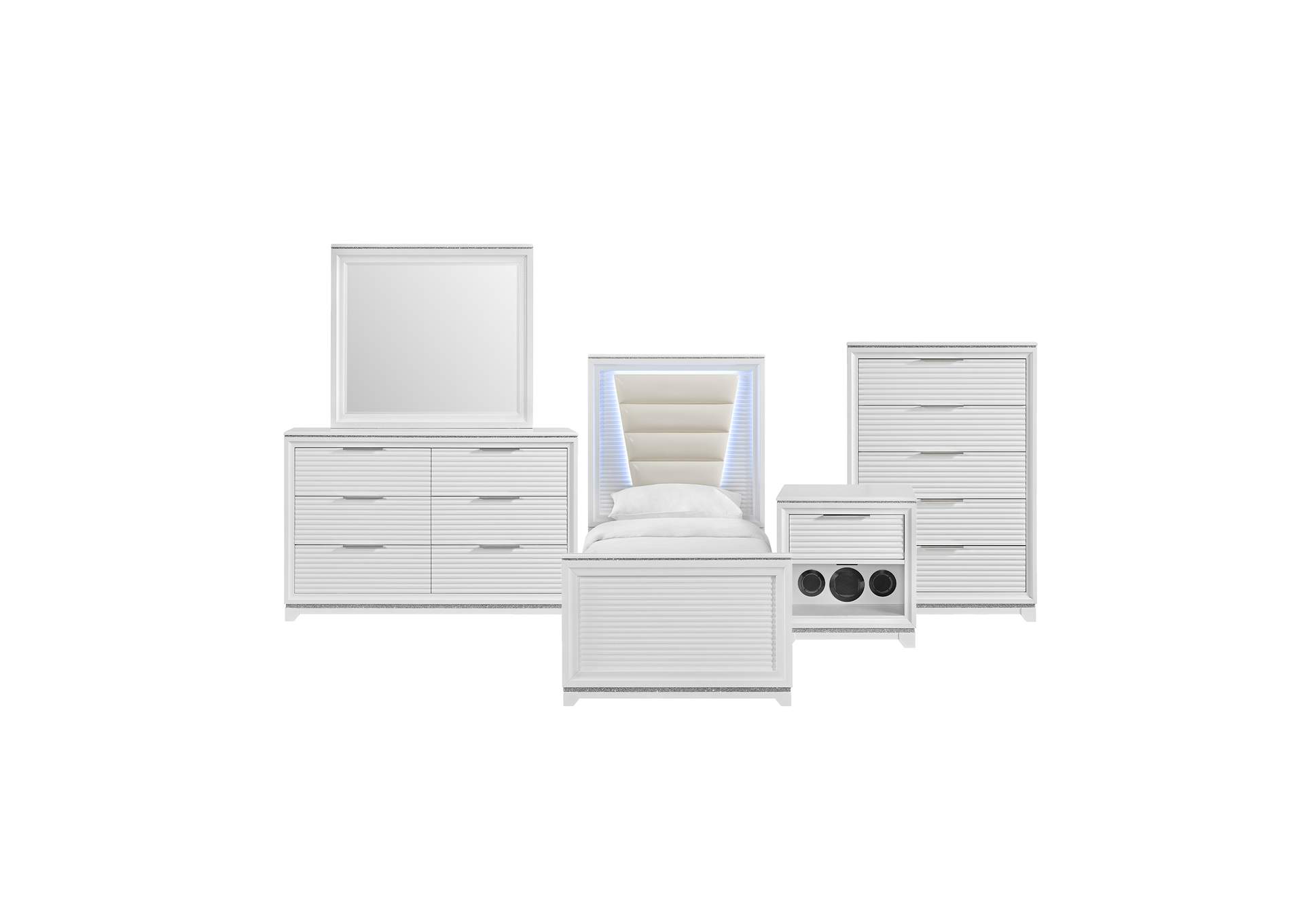 Denmark Twin Upholstered 5 Piece Bedroom Set With Lights In White image 20