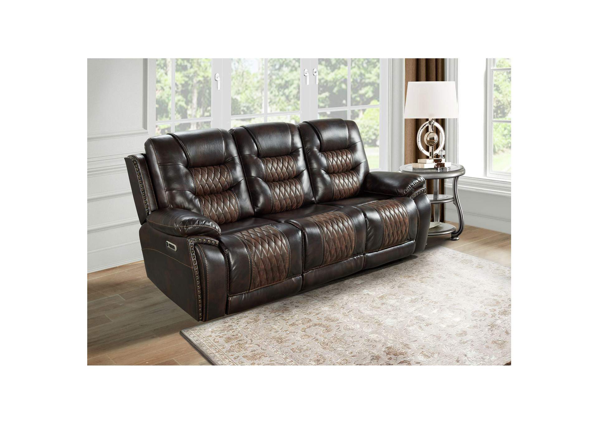 El Camino Power Motion Sofa With Power Headrest Power Strip And Dropdown Table In Marietta Brown image 1