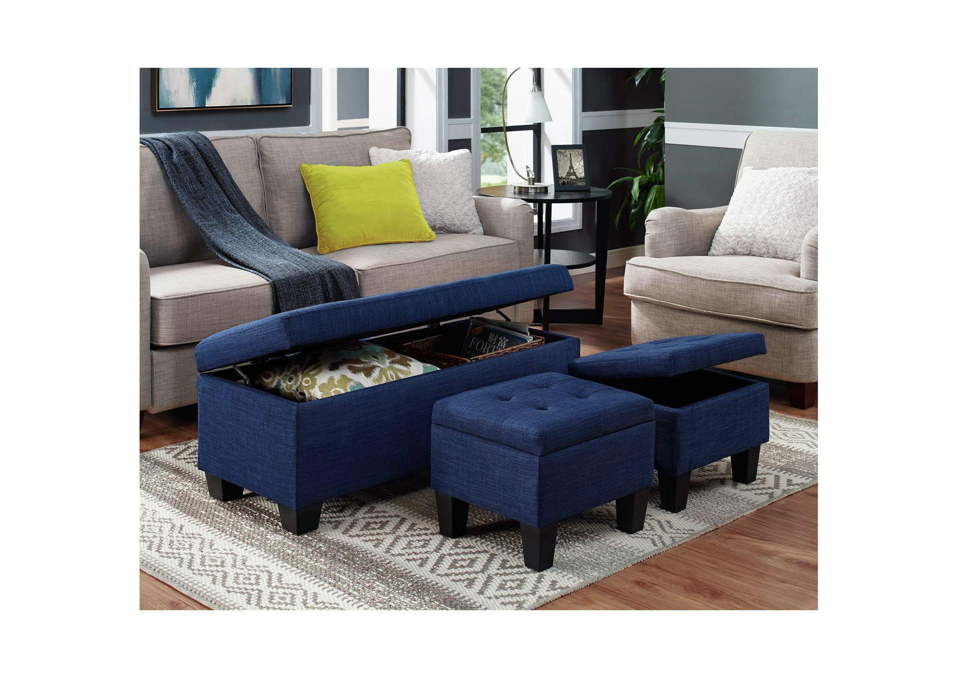 Ethan 3Pk Storage Bench With 2 Ottoman In Heirloom Blue A image 1