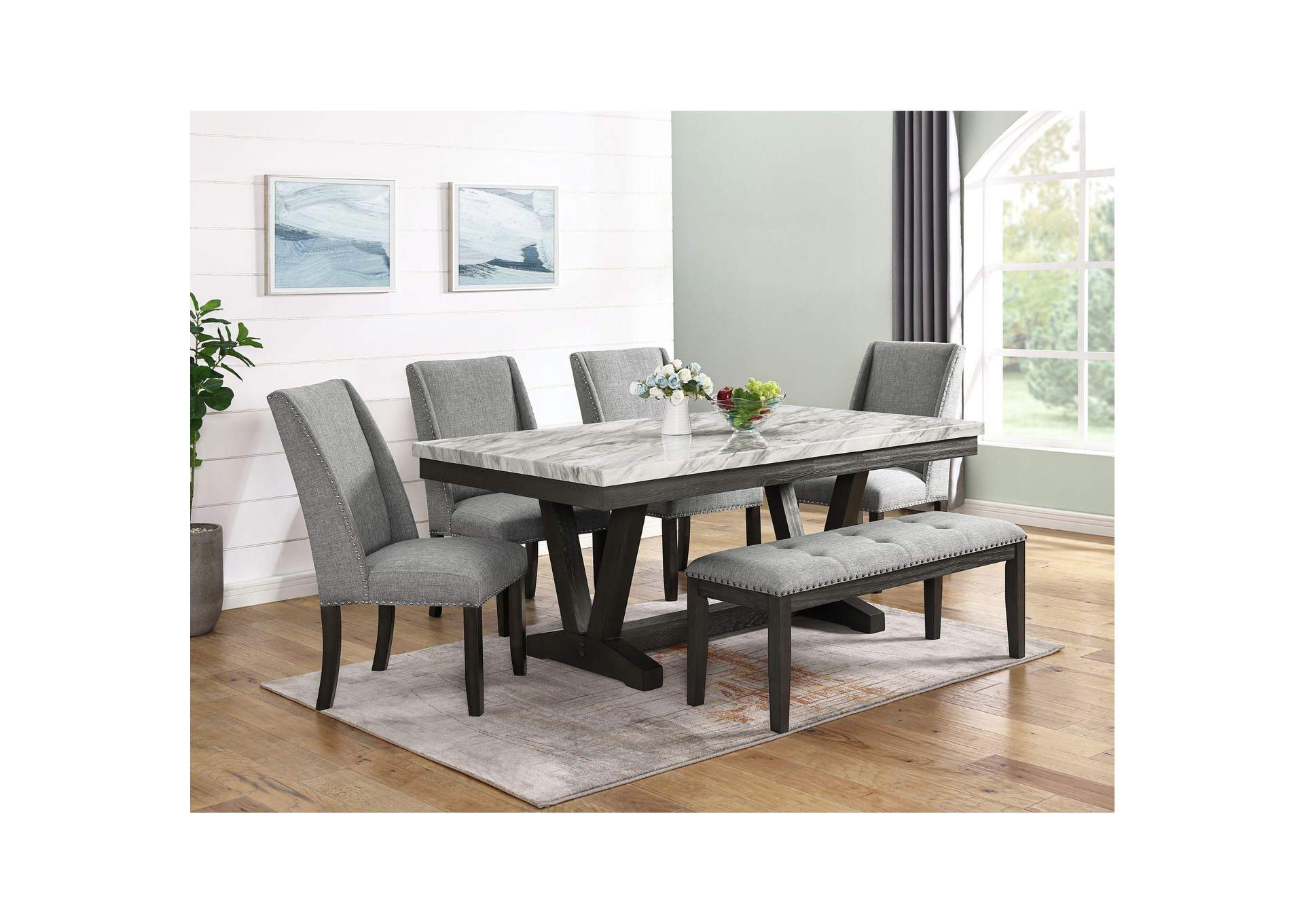 Everdeen Bench With Grey Fabric And Nail Heads In Charcoal image 1