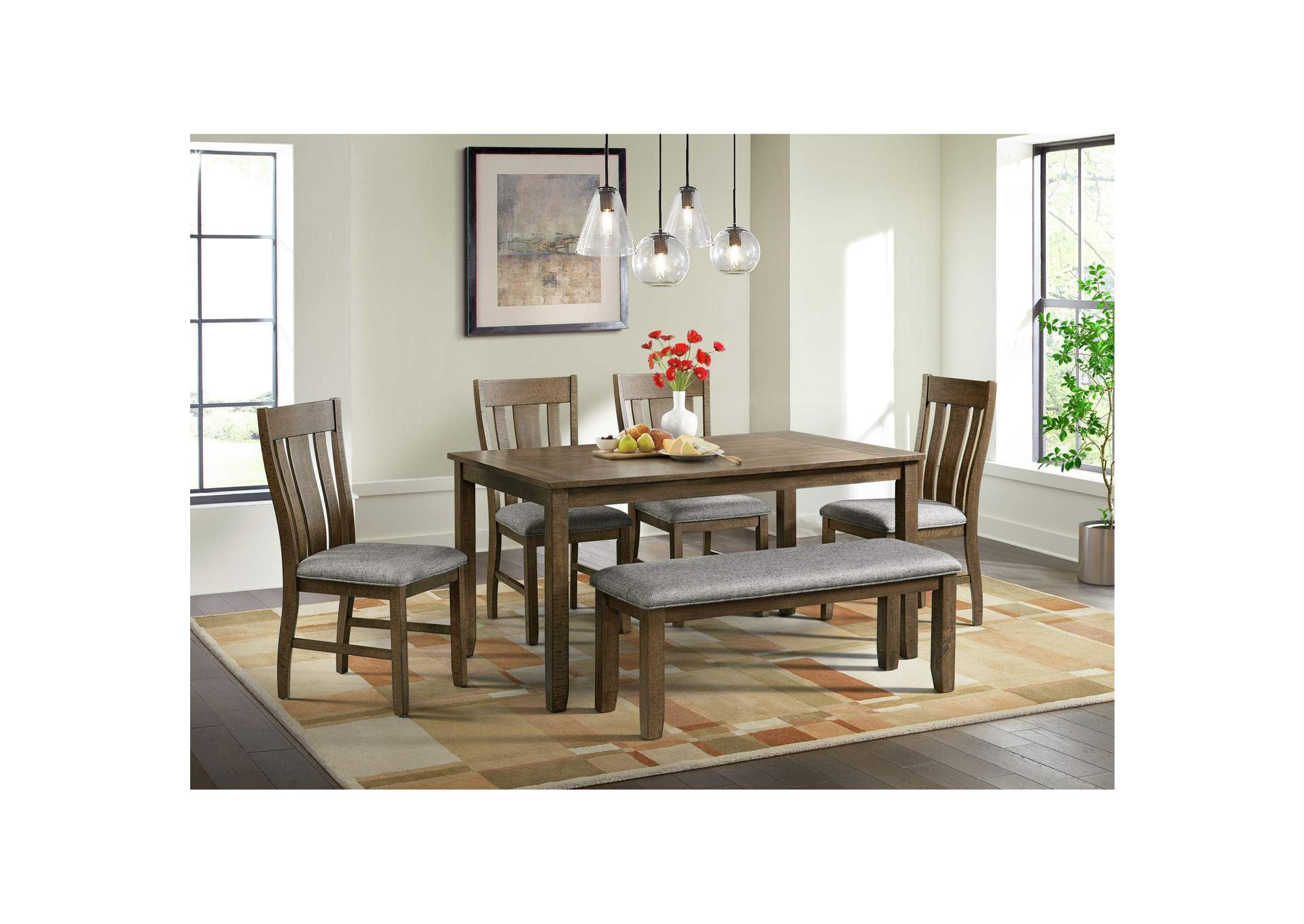 Everett 6 Piece Dining Set Table 4 Chairs Bench In Brown Acacia image 1