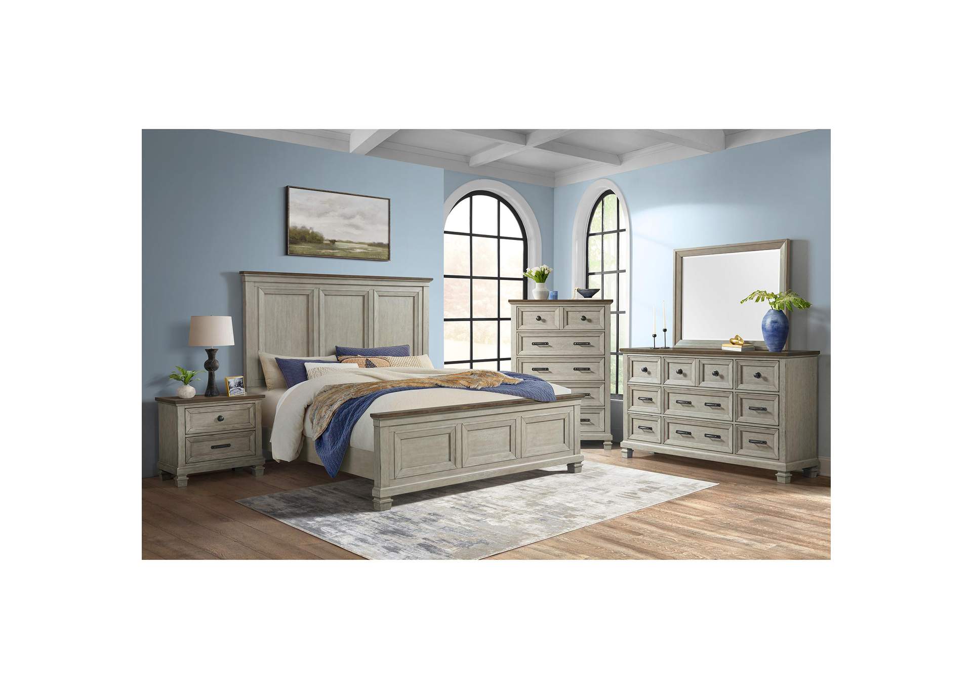 Farmington King Panel Bed In Medium Brown And Washed Stone image 1