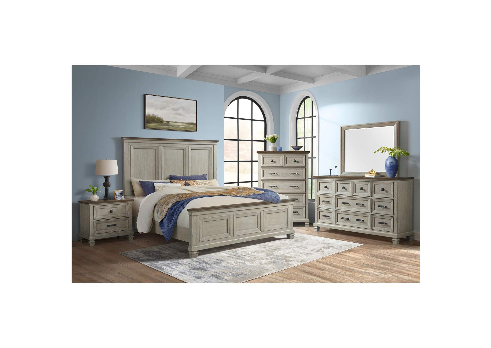 Farmington King Panel 5 Piece Bedroom Set In Medium Brown And Washed Stone image 1